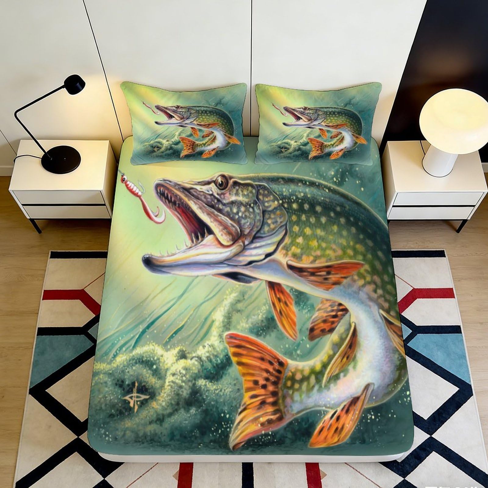 3D Printed Lively Pike Fitted Sheet Microfiber Soft Breathable Fishing Scene Bed Cover for Bedroom Decor Protection 90x200x25cm