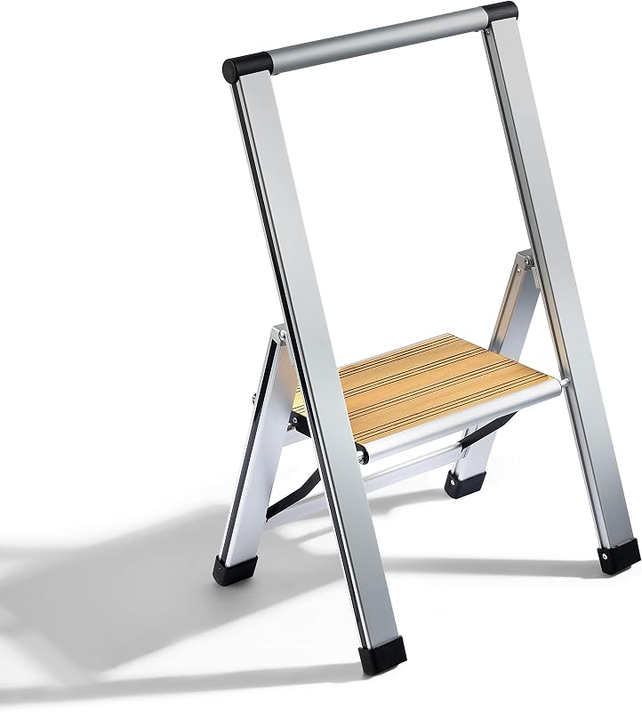 Step Ladder 1 Step Folding, Decorative - Beautiful Bamboo & Silver Aluminum, Ultra Slim Profile, Anti Slip Steps, Sturdy-Portable for Home, Office, Kitchen, Photography Use,By SORFEY