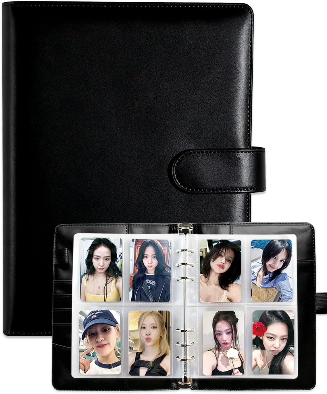 A5 Photo Card Binder with 30 Inner Sleeves (4-pocket and double-sided), 6 Ring 4 Pocket Trading Card Binder, PU Leather Card Collect Book with Magnetic Buckle Closure, Holding up to 240 Cards (Black)