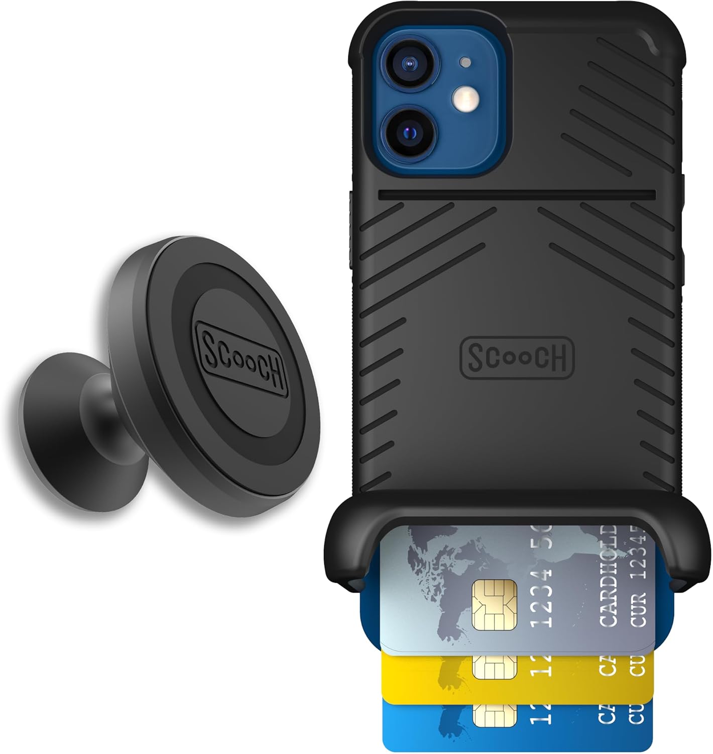 Scooch for iPhone 12 Mini Case with Card Holder, Wingmate Wallet Case Black, Bundled with Wingmount Magnetic Car Mount
