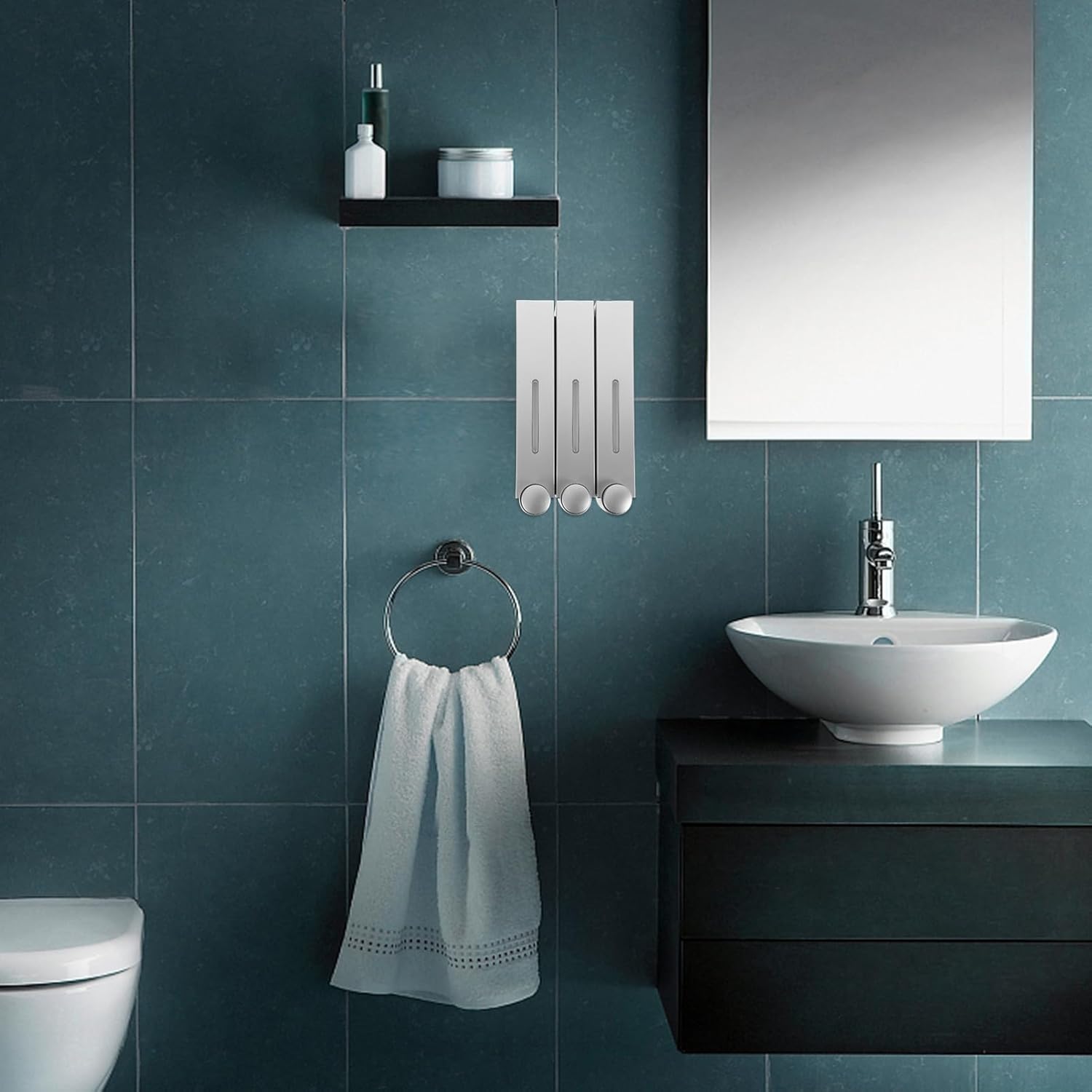 Mobestech 3-Chamber Wall Mounted Soap Dispenser Silver Manual Body Wash and Shampoo Dispenser for Bathroom Refillable Shower Organizer Detachable Pump