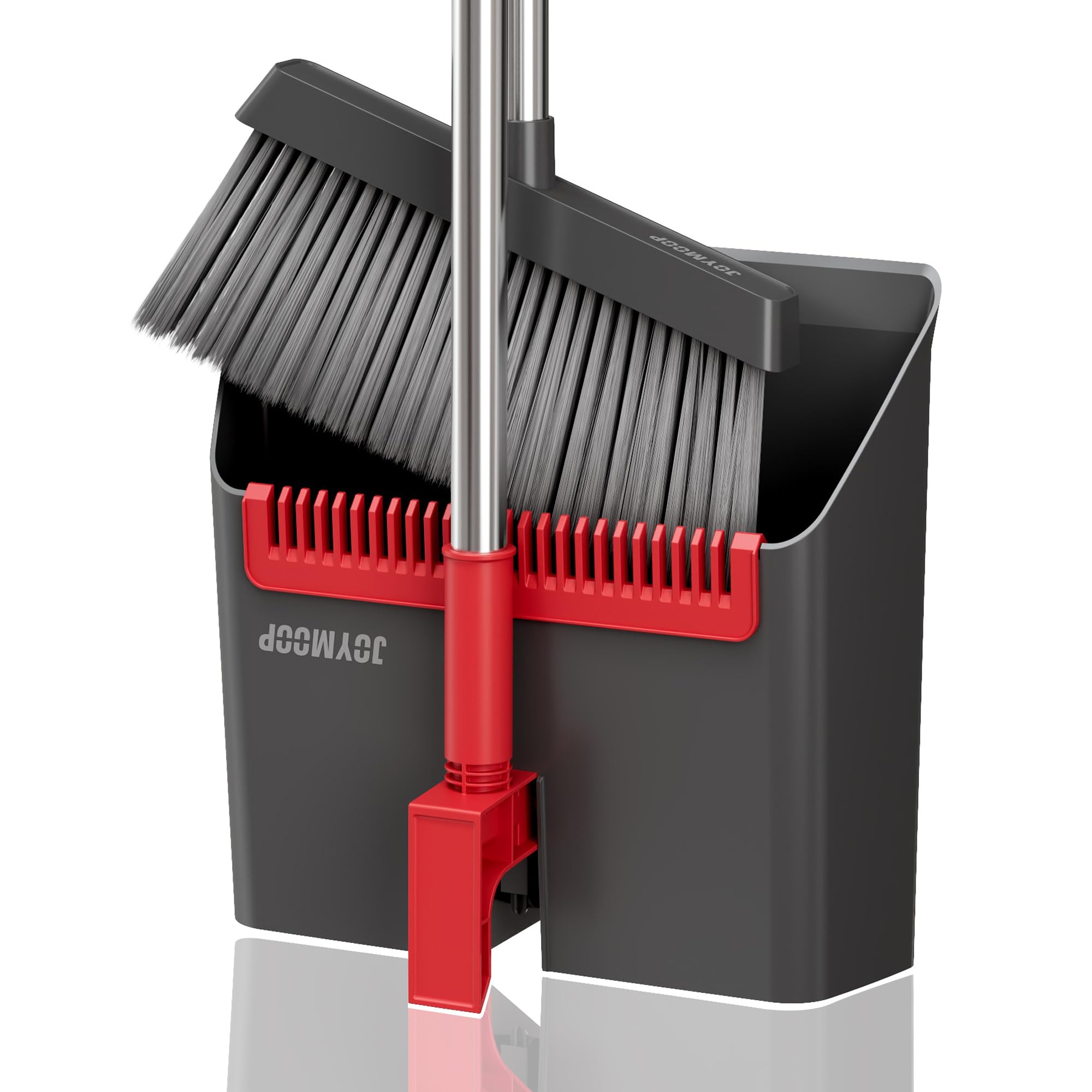 JOYMOOP Black & Red Broom & Dustpan Set, Upright, Built-in Comb, Pet Hair & Hardwood Floor Friendly