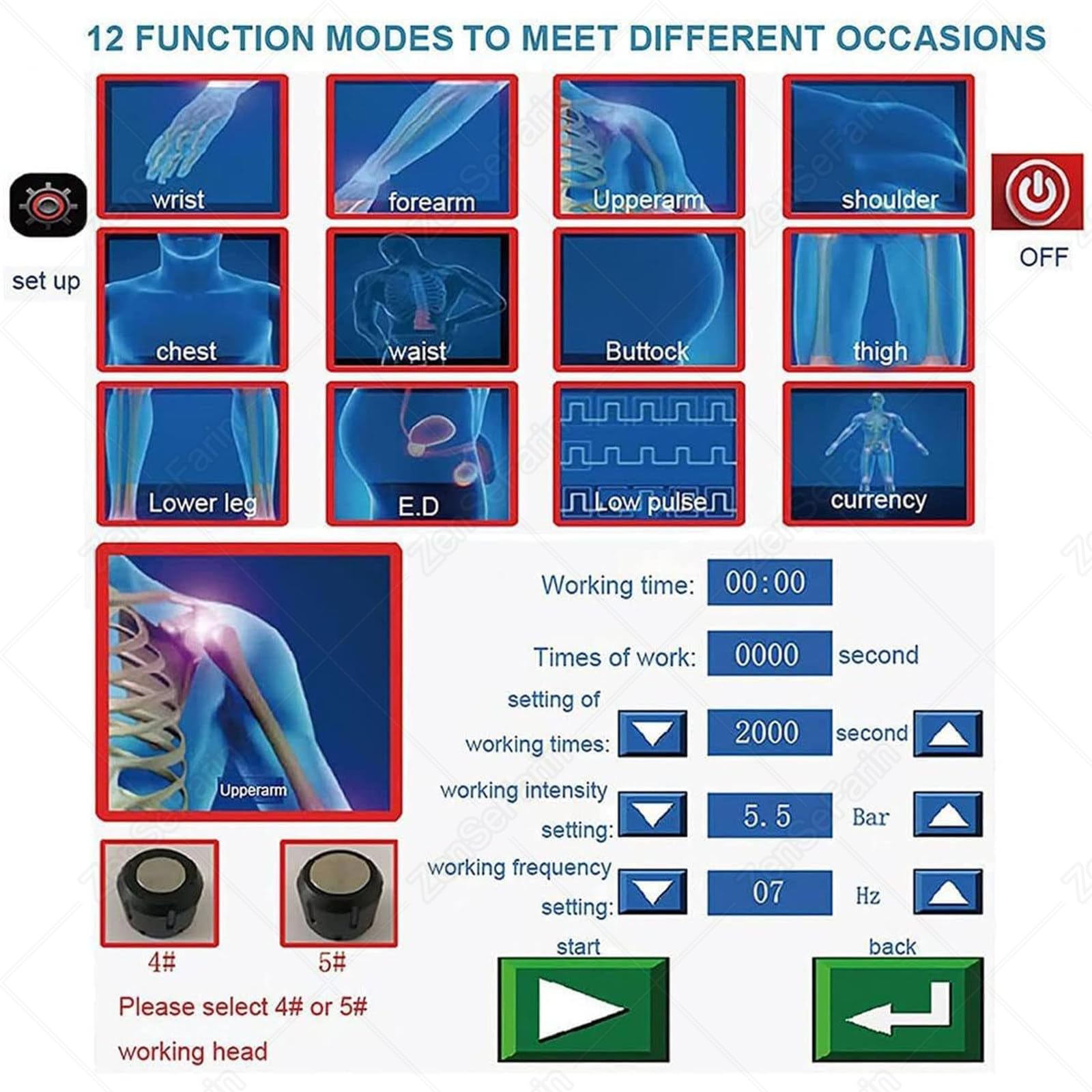 Máquina De Terapia Ondas Choque,Instrumento De Fisioterapia,Ed Ajustable De Energía Masajeadores Eléctricos para Aliviar El Dolor,12 Modos,con 5 Cabezales De Masaje Y Pantalla HD