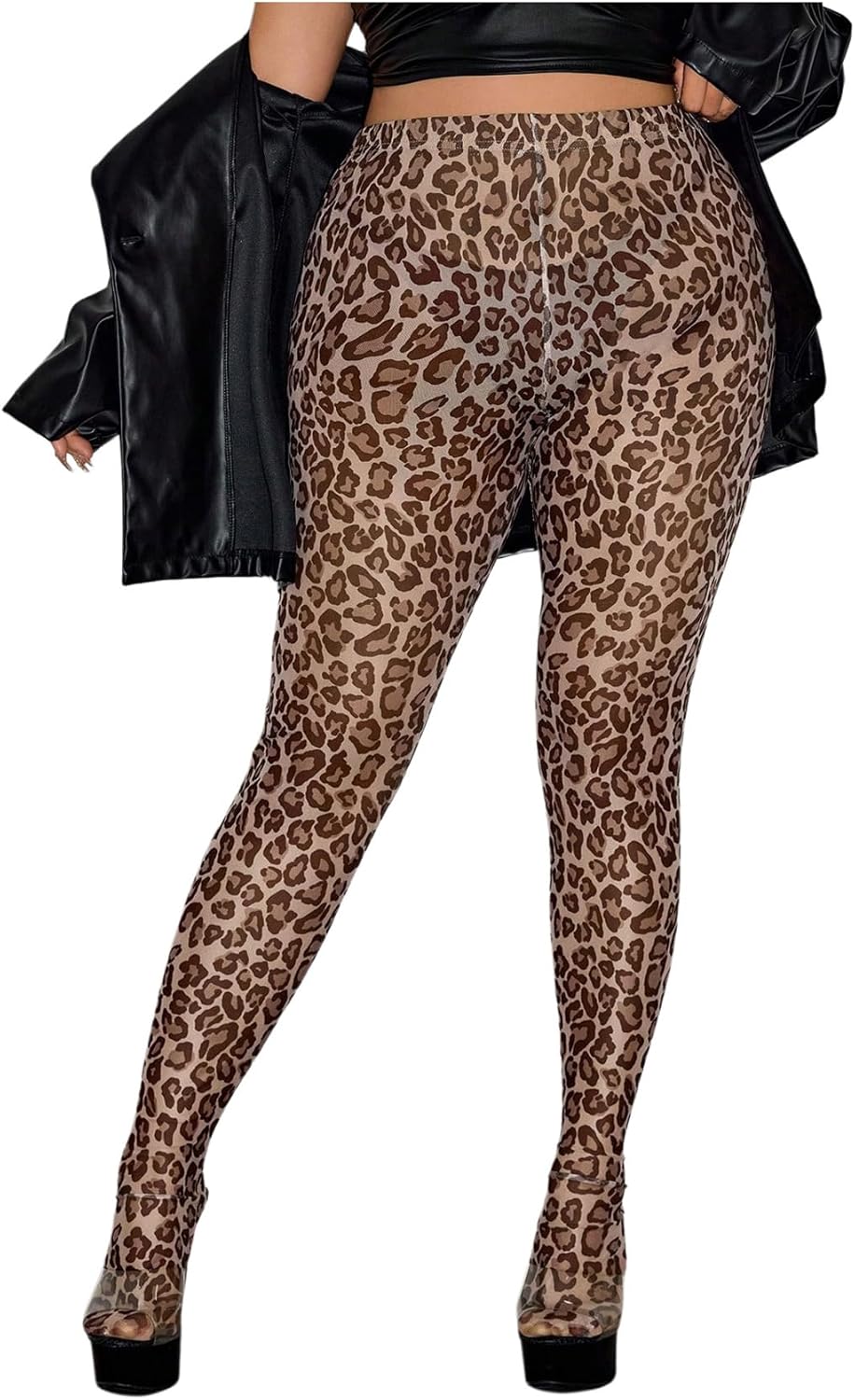 MakeMeChic Women's Leopard Print Tights Mesh High Waist Skinny Pants Y2K Leggings