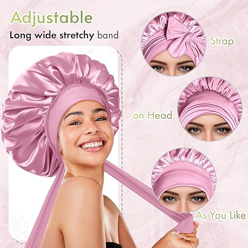 Miniatura 10 de BONNET QUEEN Gorro de seda para dormir, gorro de satén ajustable, gorro de satén de doble capa sedoso para dormir por la noche, envoltura para el