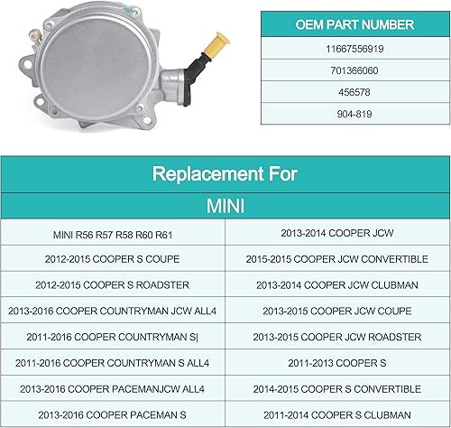 Miniatura 4 de Bomba de vacío de refuerzo de freno 904-819 11667556919 701366060 para Mini Cooper R55 R56 2006-2015, Mini Cooper R57 2008-2015, Mini Cooper R58 R59