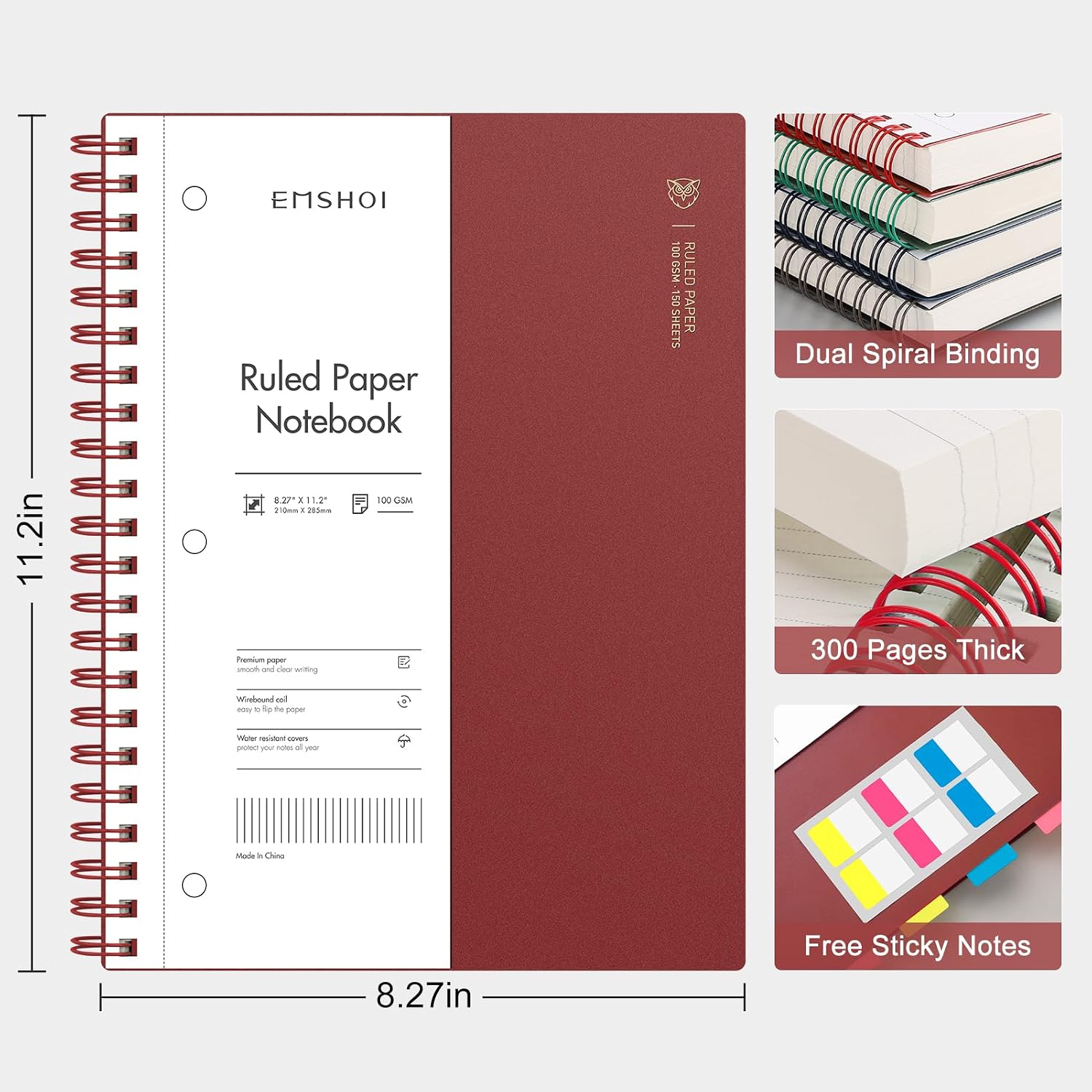 EMSHOI A4 Spiral Notebook Colle Ruled Lined Journal, 11.2" X 8.27", 300 Pages/150 Sheets, Easy Tear Perforated Pages, 100gsm 3-Hole Punched Paper, for School Work Meeting Writing-Wine Red 2026 - view 2