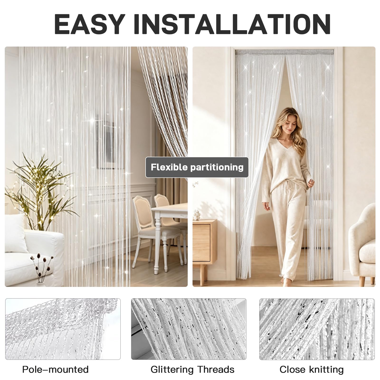 4 Tende a Fili per Porta, 100x200 cm Tende a Filo per Interni, Tenda Porta con Brillantini, Decorazione per Finestre, Divisori, per Matrimoni, Feste (bianco)