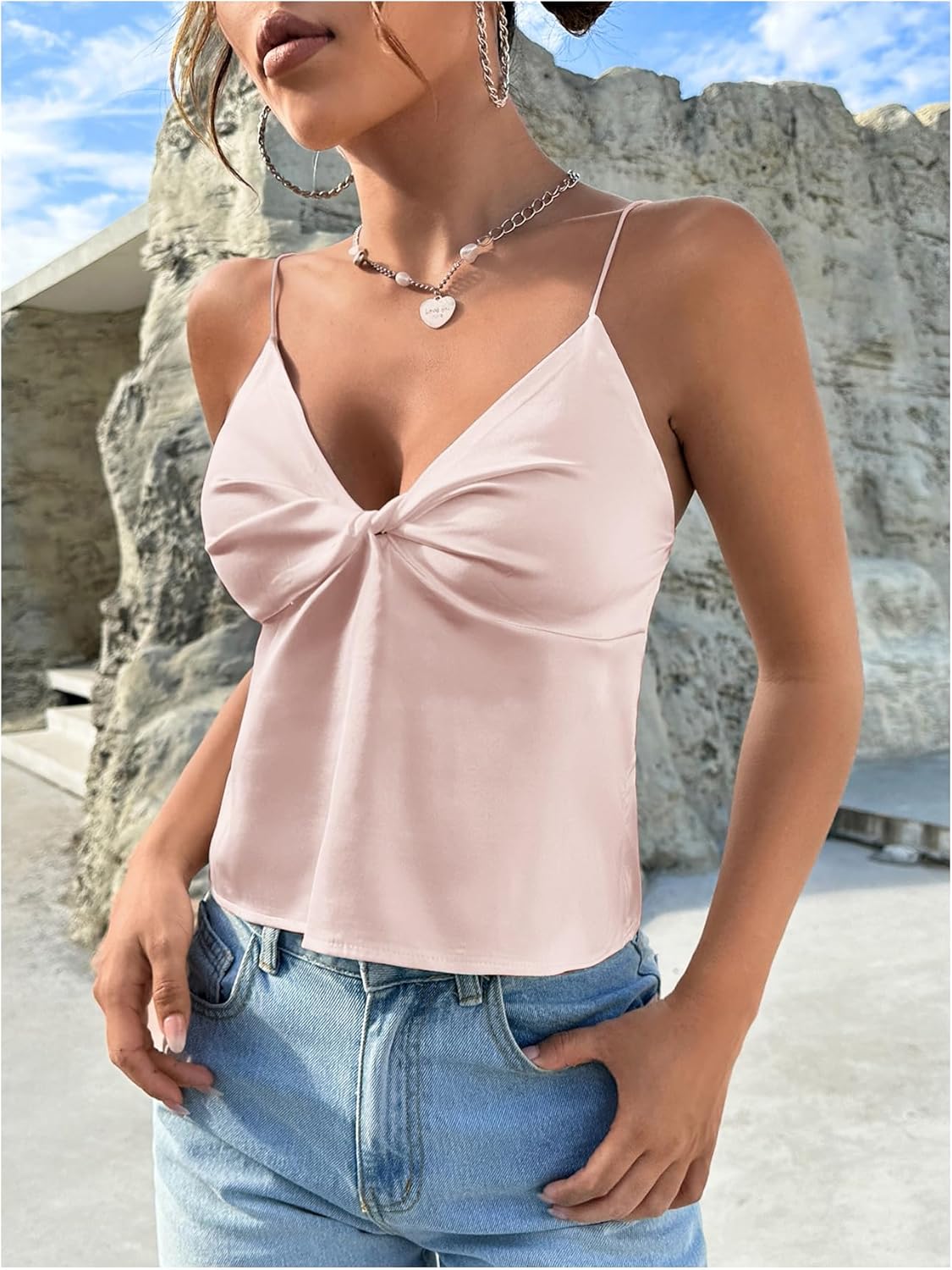 Floerns Women's Silk Satin V Neck Camisole Twist Front Spaghetti Strap Going Out Crop Tops - Image 2