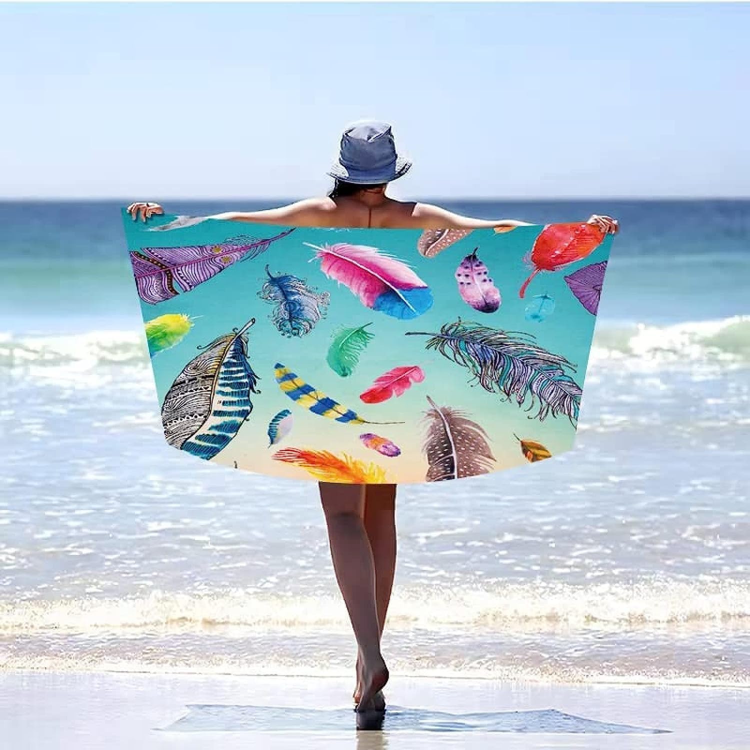 Telo Mare Microfibra Grande Piume Colorate 200 X 200 Cm, 3D Telo Mare Leggero Antisabbia Per Donna Uomo, Asciugamano Microfibra Asciugatura Rapida Per Bagno, Spiaggia, Campeggio, Viaggio -3V2L/U1P
