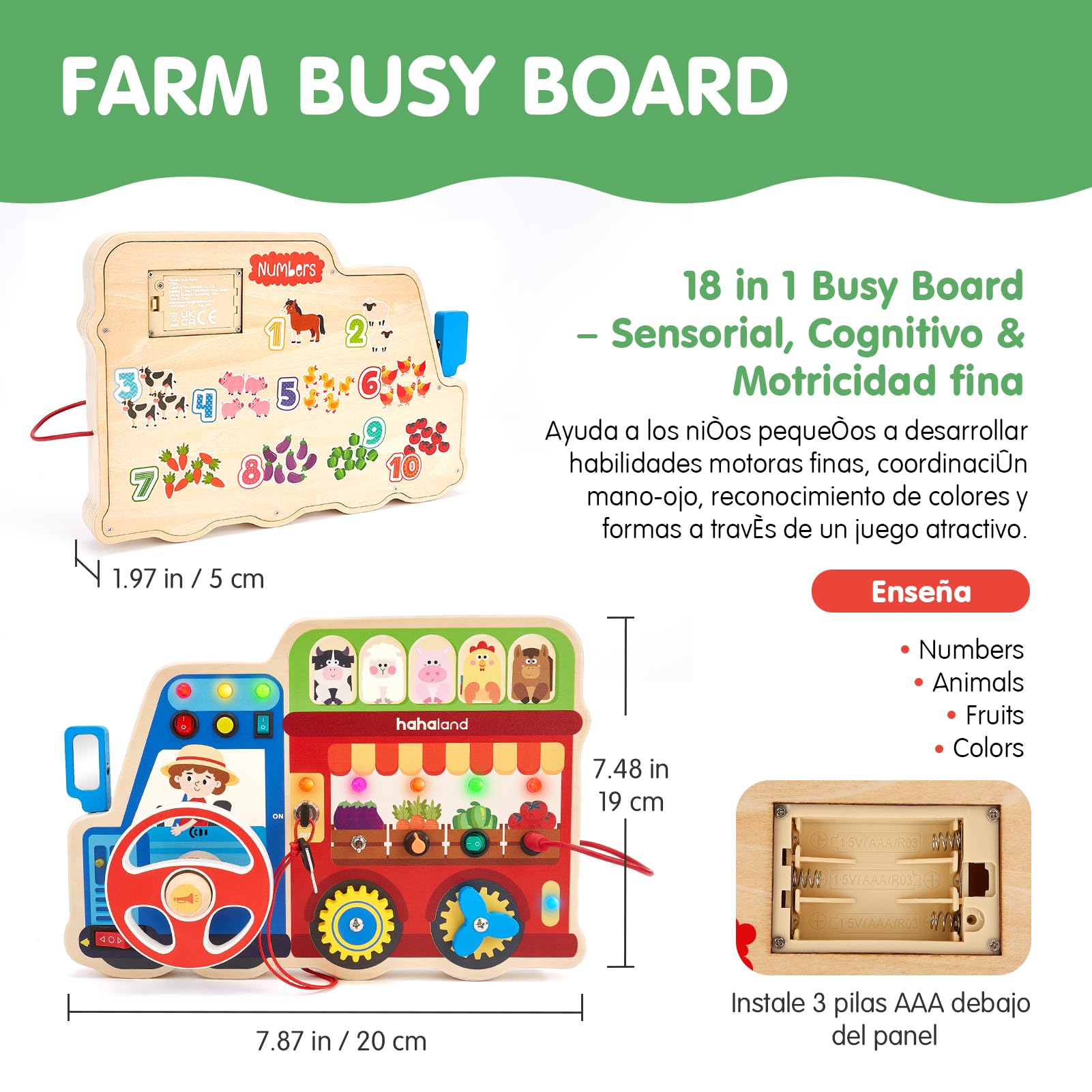 hahaland Juguetes Montessori Niños 1 año, 18 en 1 Busy Board de Madera | Luces LED y Interruptores, Motricidad Fina para Bebés Juguetes Sensoriales 1 2 3 años