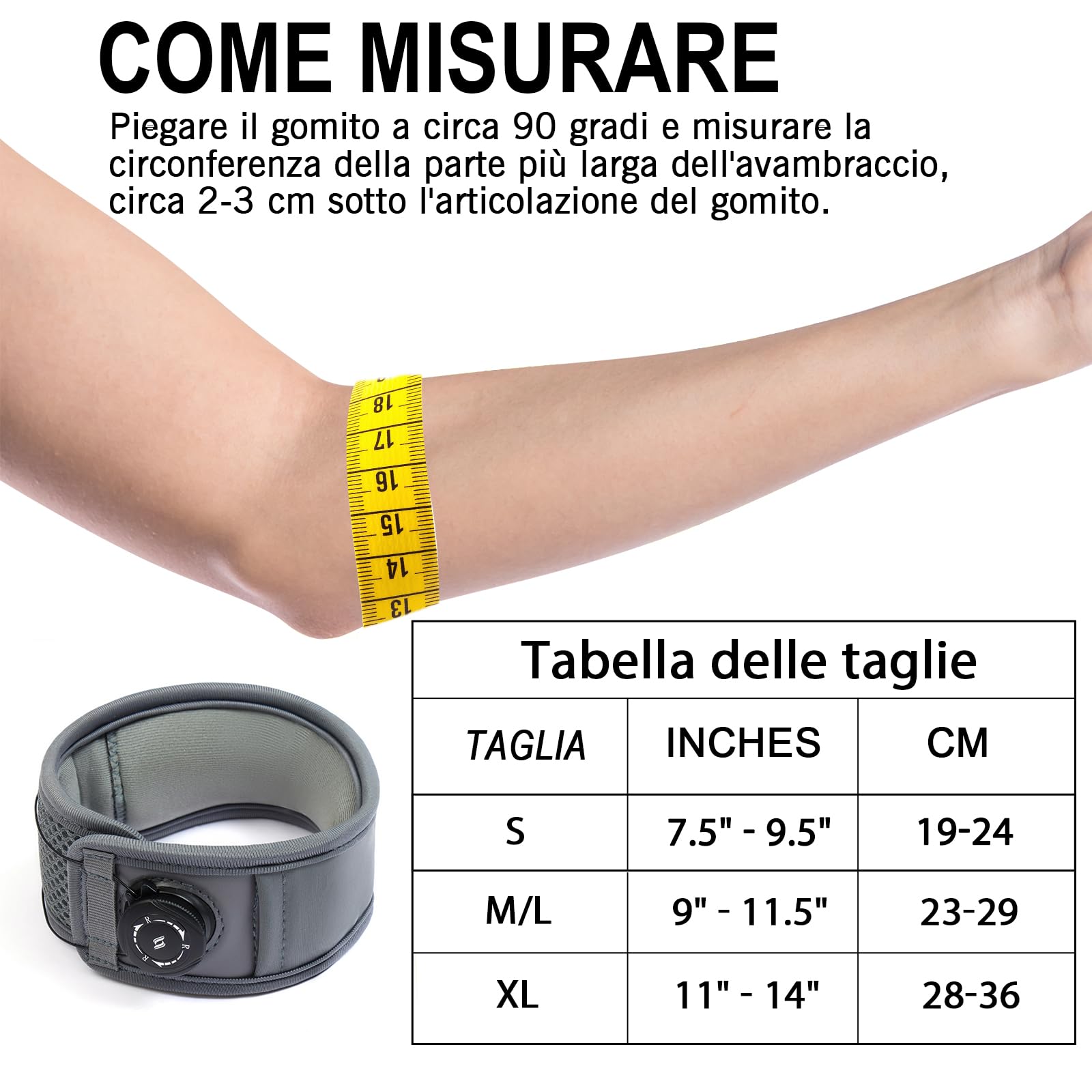 Tutore Epicondilite Gomito Regolabile - Gomitiera per Epicondilite con Fascia Compressione, Sollievo per Dolore da Tendinite/Epitrocleite, Tennisti e Golfisti, Grigio, M/L, 1 Confezione