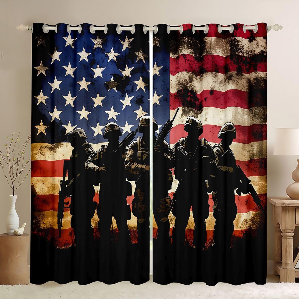 Feelyou American Flag Blackout Curtains Army Darkening Drapes for Bedroom Living Room Decor Soldier Silhouettes Thermal Insulated Shades Window Treatments, 2 Panels 38 x 54 Inch
