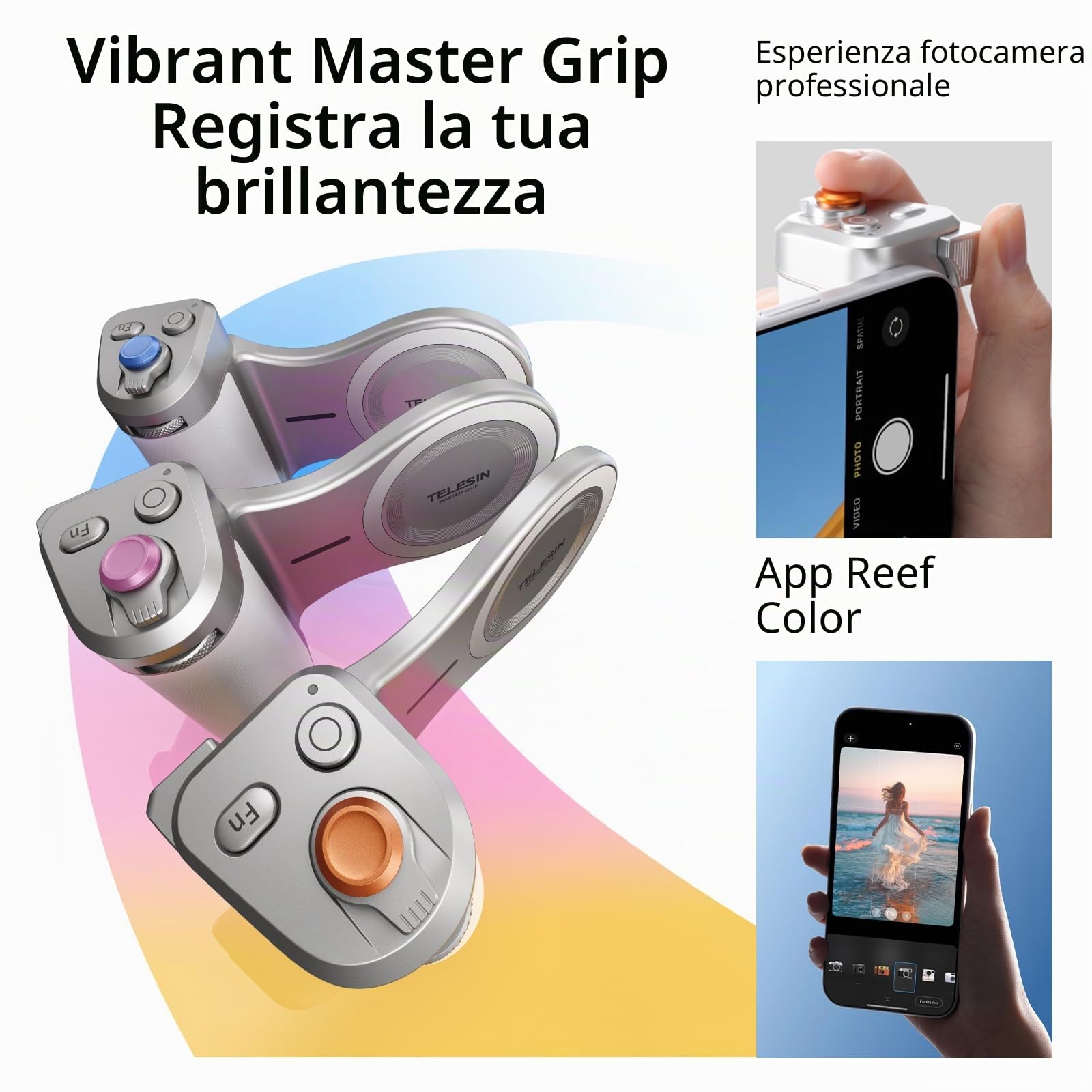Master Grip Kit per iPhone 17-12 & Android, Impugnatura Magnetica per Fotocamera per Telefono, Pro Shot Imaging Phone Grip, Batteria Integrata da 3200 mAh, Ricarica Wireless (Bianco e Argento)