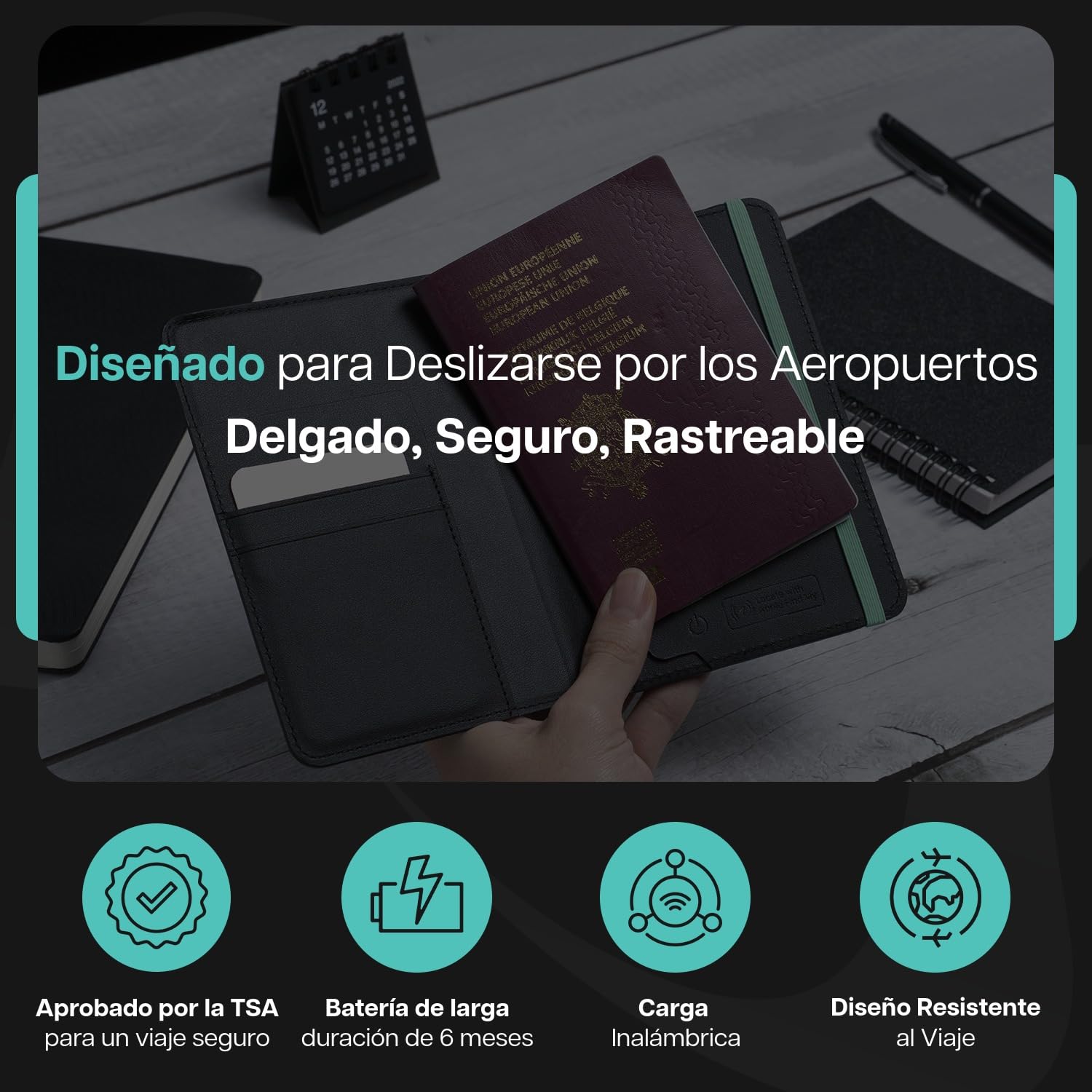 SCAPADE AirPass - Cartera para pasaporte rastreable, funciona con Apple Find My, batería recargable (5-6 meses), 3 ranuras para tarjetas, no necesita aplicación, elegante funda de viaje para usuarios