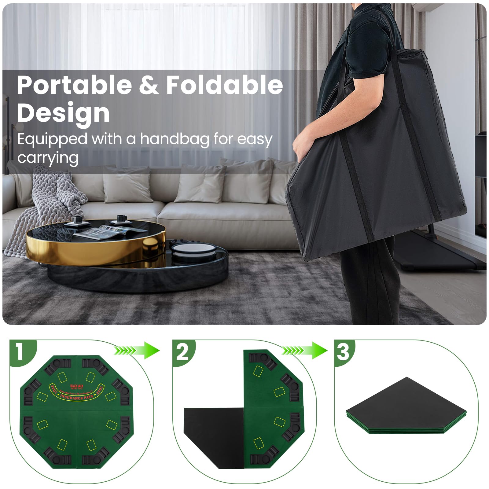 GOPLUS Mesa de Póker Portátil para 8 Jugadores, Tablero de Juego de 120 CM con Portavasos y Bandejas para Fichas, Bolsa de Transporte, Base Antideslizante, Diseño para Juegos en Familia, Casino