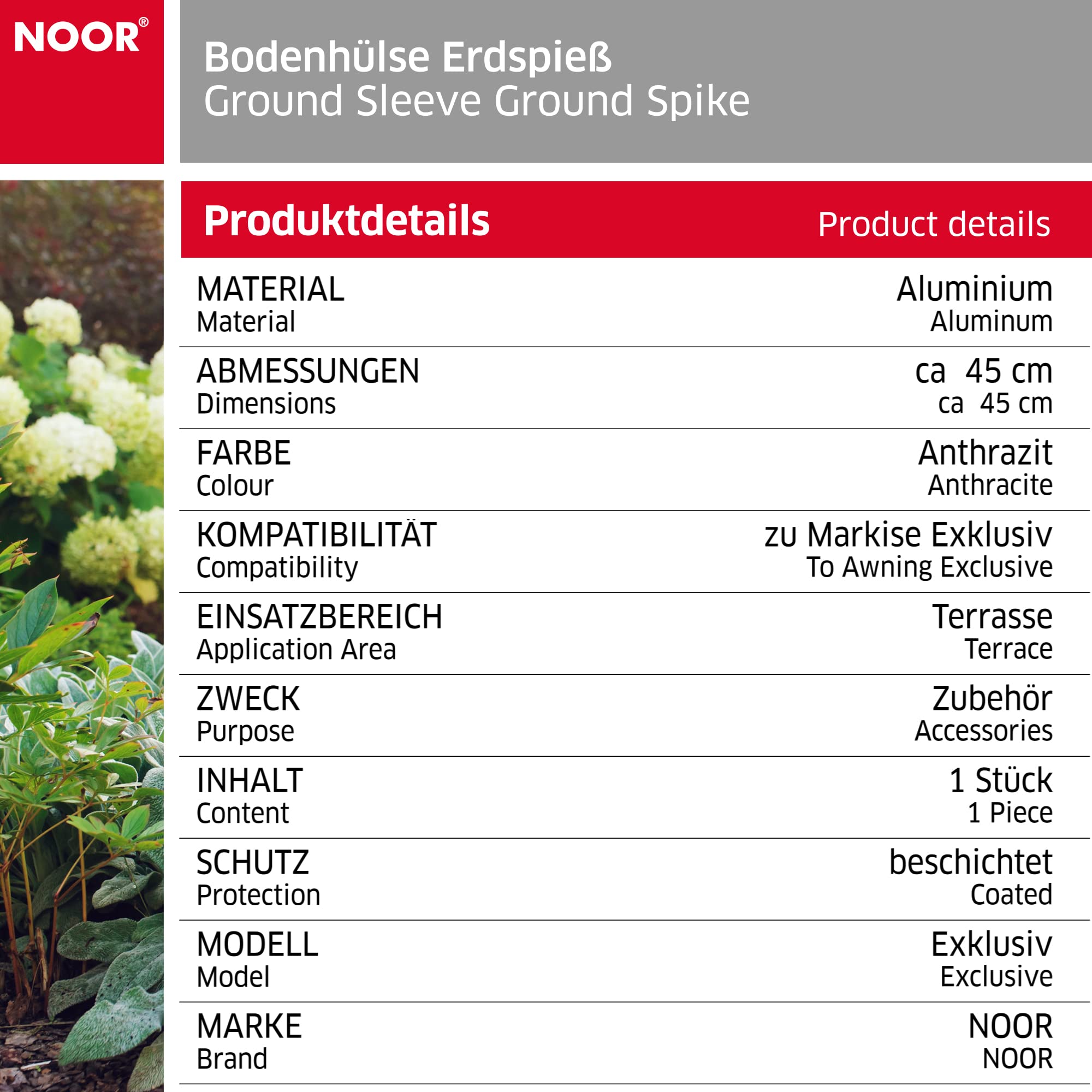 NOOR Markisen-Zubehör – Bodenhülse Erdspieß für Seitenmarkise EXKLUSIV zur Montage im Erdreich (inkl. Schrauben & Unterlegscheiben) I Für alle Größen geeignet I Gartenspieß zur Montage im Bodenreich