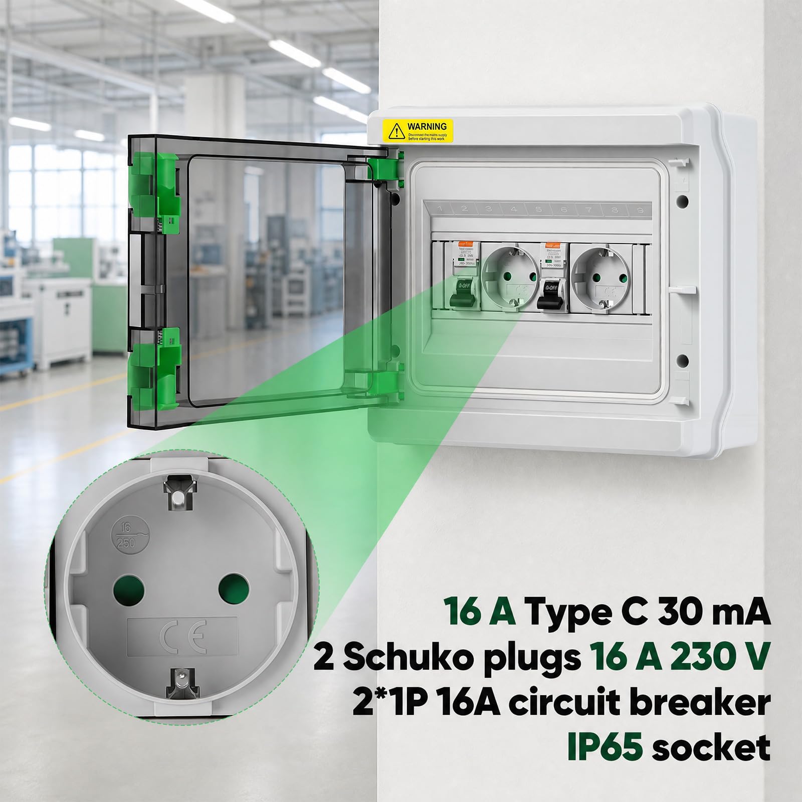 Boîtier électrique avec 2 prises Schuko et 2 interrupteurs différentiels