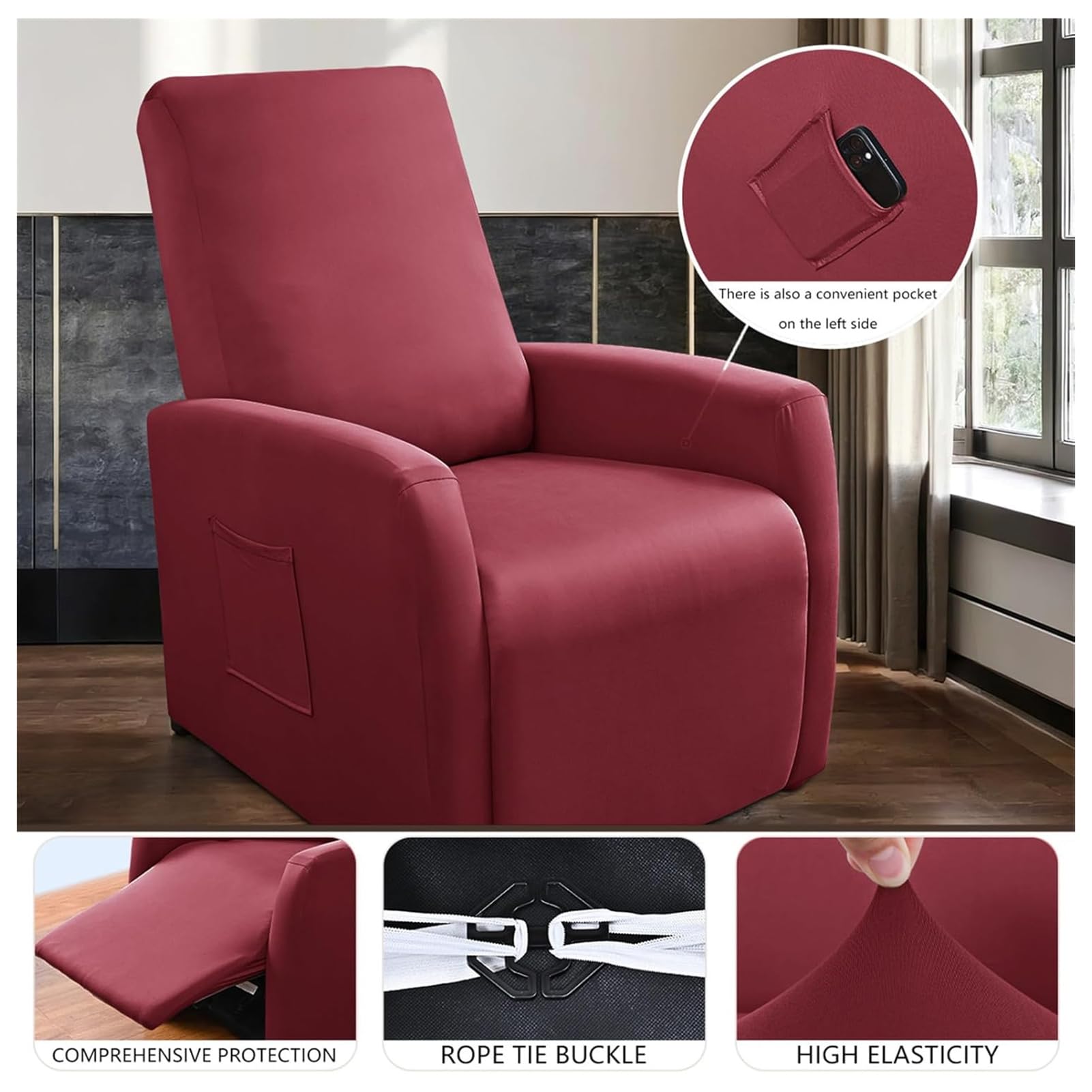 Copripoltrona Relax Reclinabile, Copridivano Relax Reclinabile Elasticizzato, Coperture per Elettrica Divano con Tasche, Fodera per Poltrona Lavabile (Rosso Vino)
