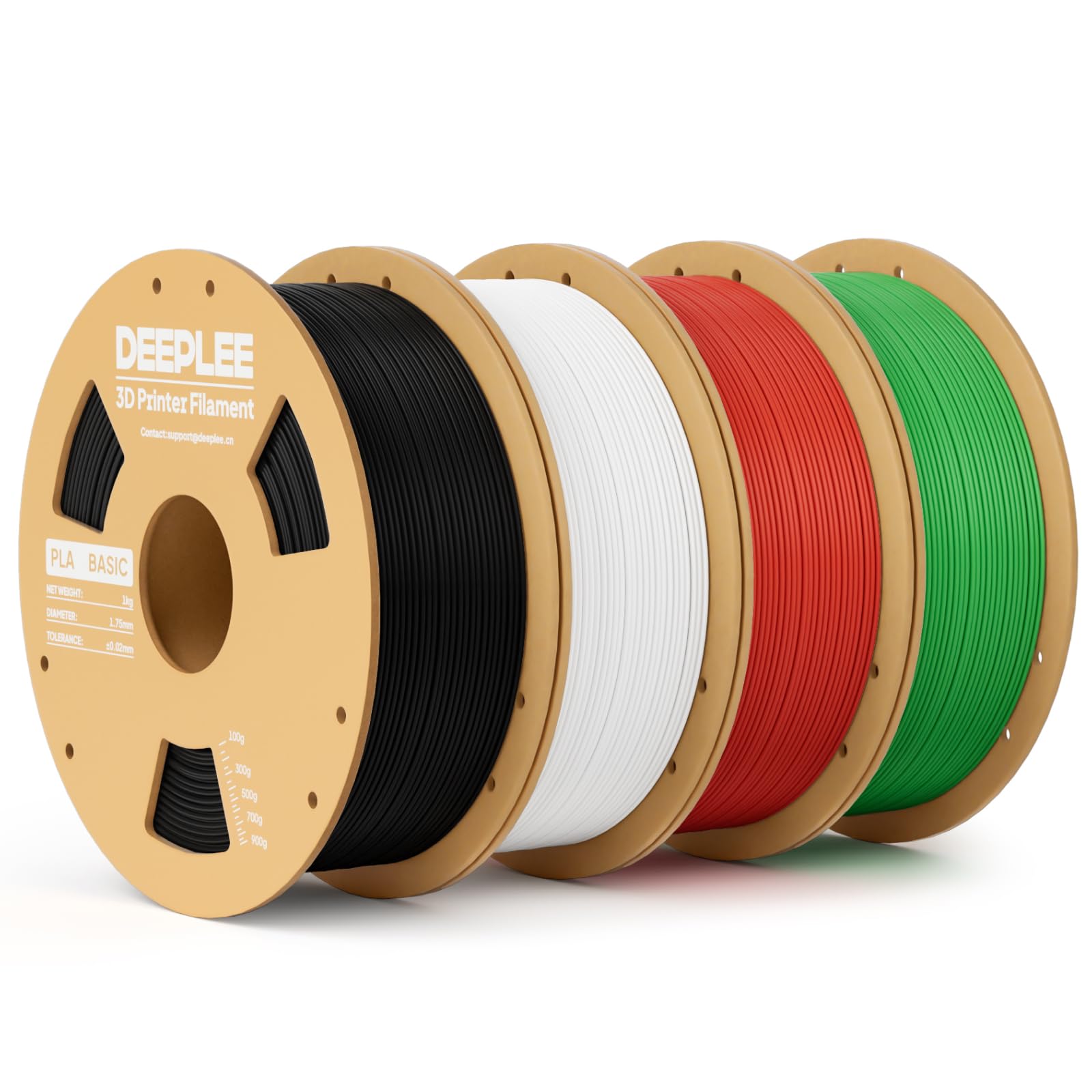 DEEPLEE Filamento PLA Basic 1.75 mm, Pack 4 kg: Nero + Bianco + Rosso + Verde Prato (4×1 kg), Precisione ±0.02 mm, Avvolgimento Antiostruzione per Stampanti FDM