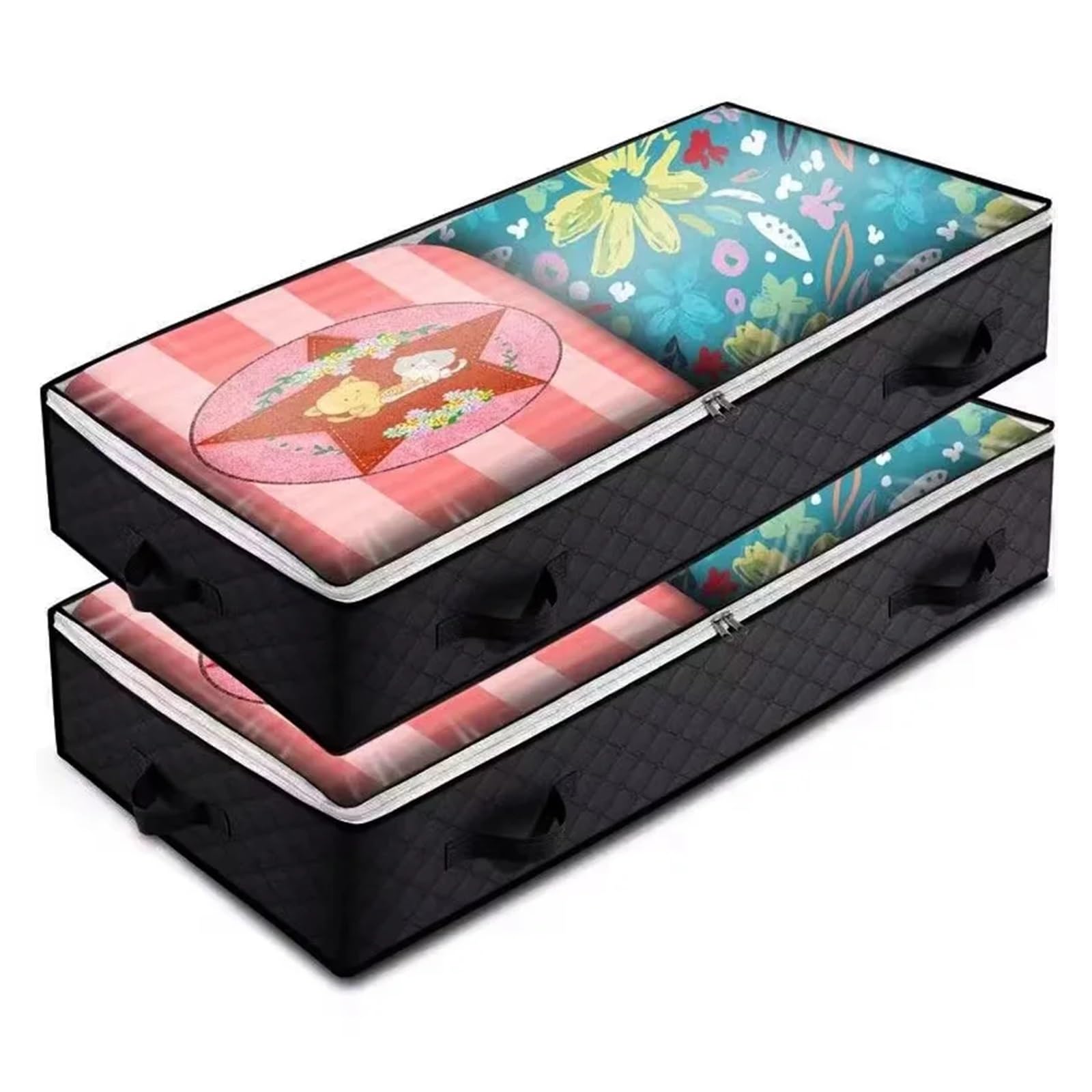 RRYPBOVG Foldable Blanket Storage Bags 4PCS Foldable Underbed Bag -Blanket Clothes Quilt Organizer Breathable Zipper Storage Bag for Bedroom(Black-2Pack)