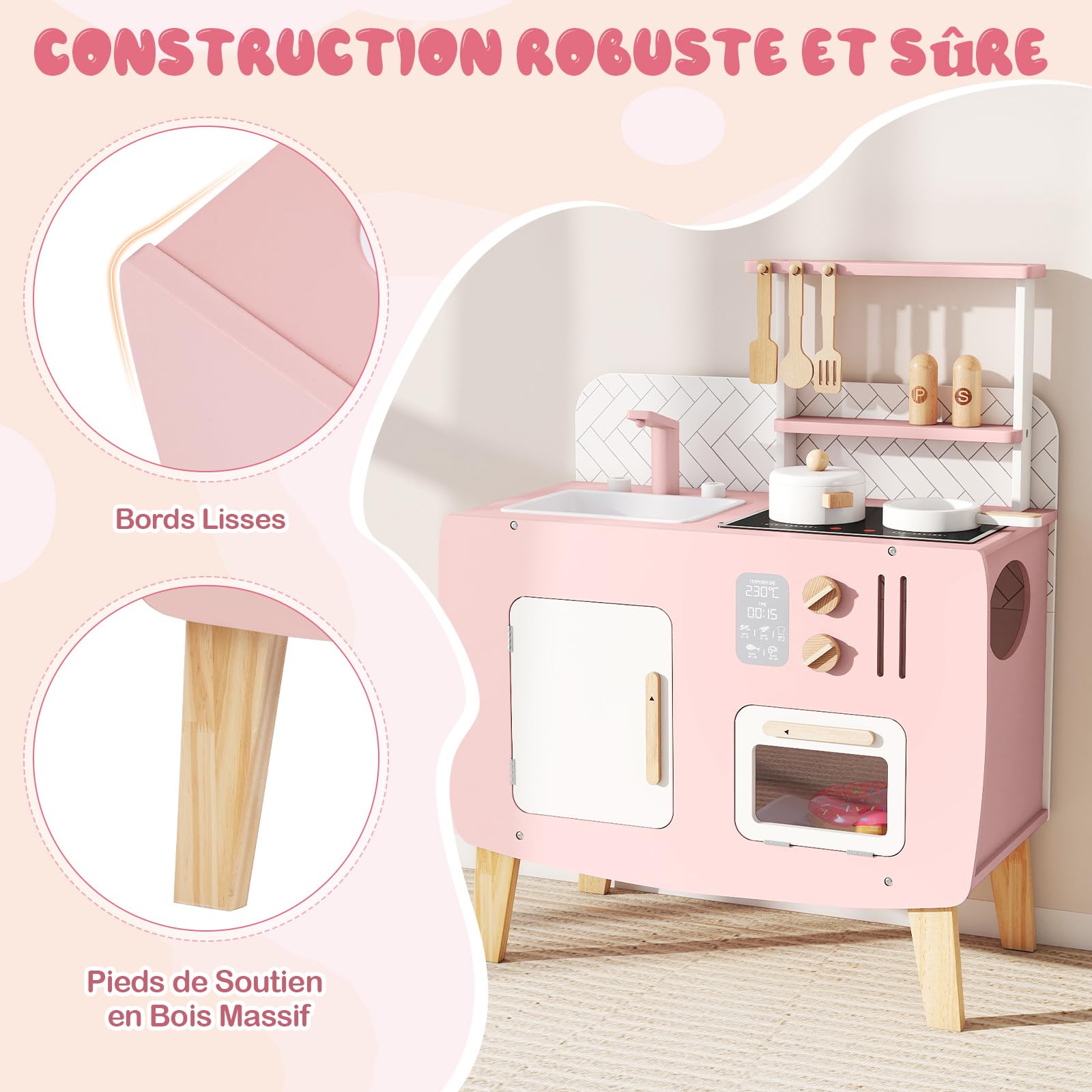 COSTWAY Cuisine Enfant en Bois avec Effet Sonore & 7 Accessoires, Jeu de Cuisine Rose avec Micro-Ondes & Évier & Robinet, Armoire, Étagère, Jeu d'Imitation pour Enfants de 3 Ans+