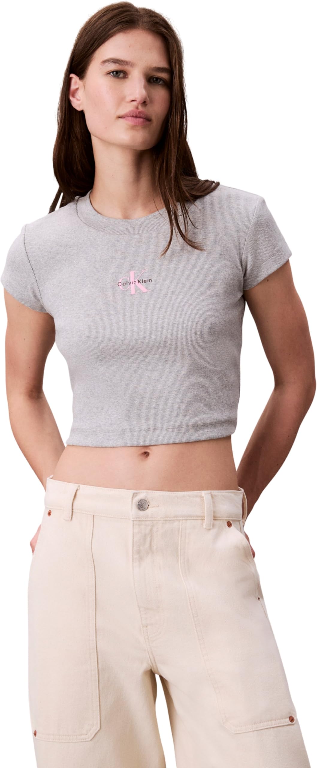 Calvin Klein Jeans Women's Ckj Mono Baby T Crop Top - Grey Heather - 14 (L)