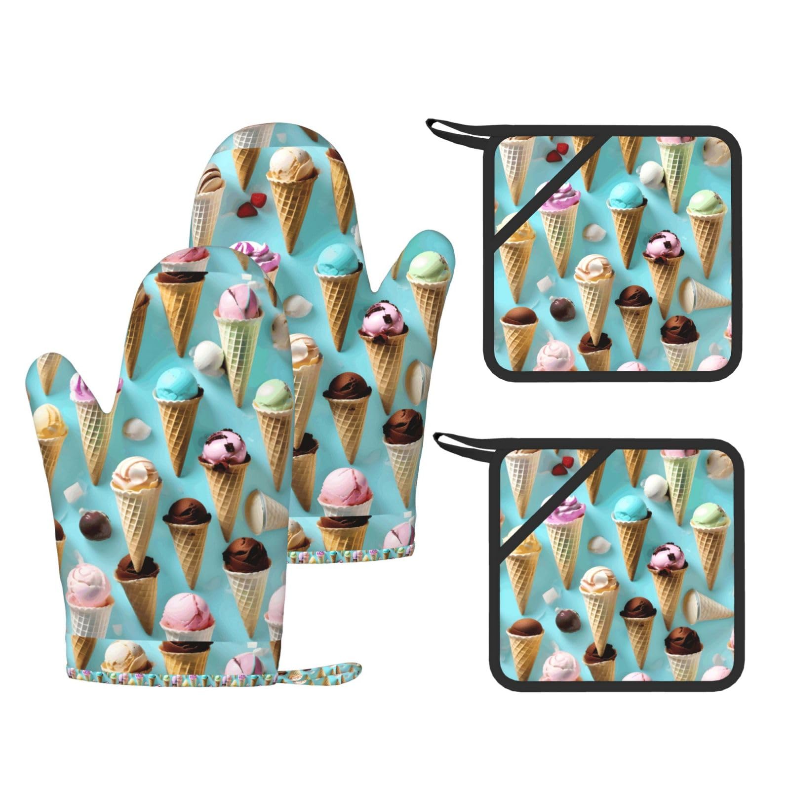 Ice Cream Cones Print Kitchen Heat Resistant Set,Cooking Kit With Hanging Loop For Baking & Bbq