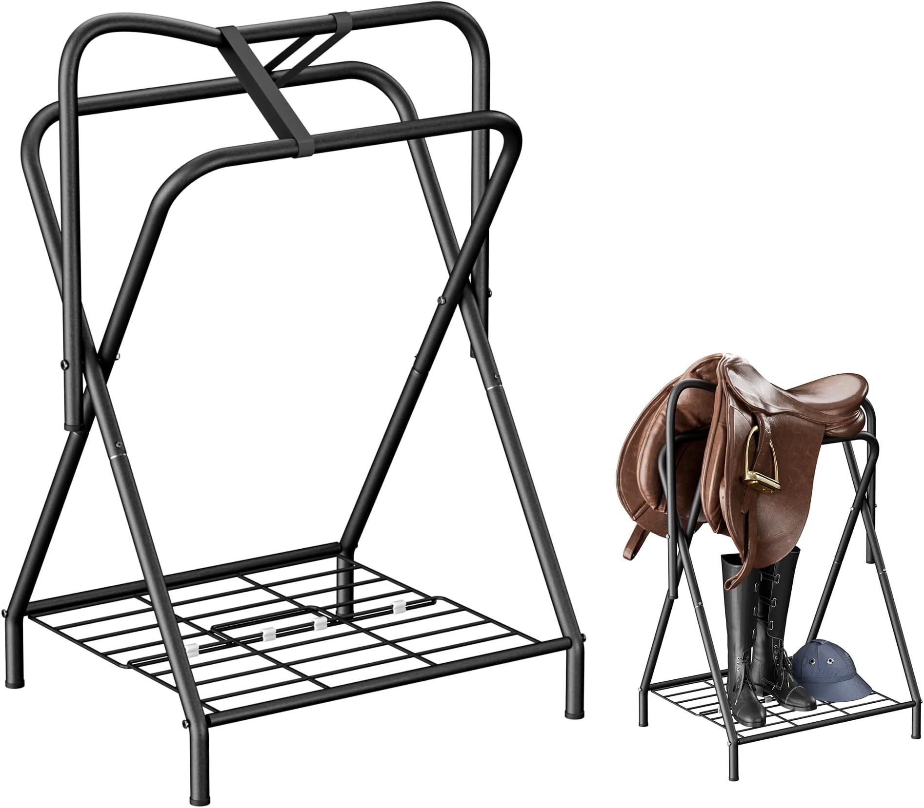 Dunatou Foldable Saddle Rack with Bottom Storage Shelf – Heavy Duty Horse Saddle Stand for English & Western Saddles, Portable Blanket Holder & Saddle Pad Rack for Tack Room, Barn & Trailer, Black