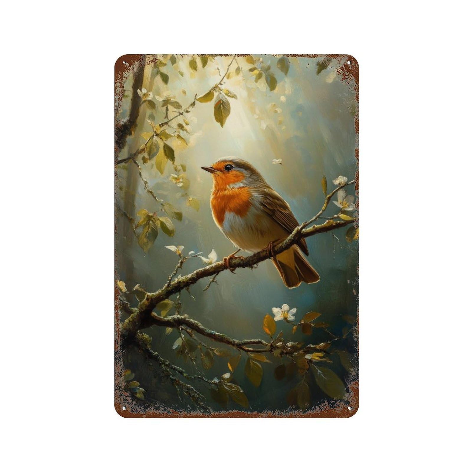 Robin on Branch Cottagecore Decor Dark Academia Enchanted Bird Illustration Vintage Nature Rustic Aesthetic Wall Decor Art Metal Tin Poster Modern Home Decor Art Home Bar Shop Decorations Vintage Sig