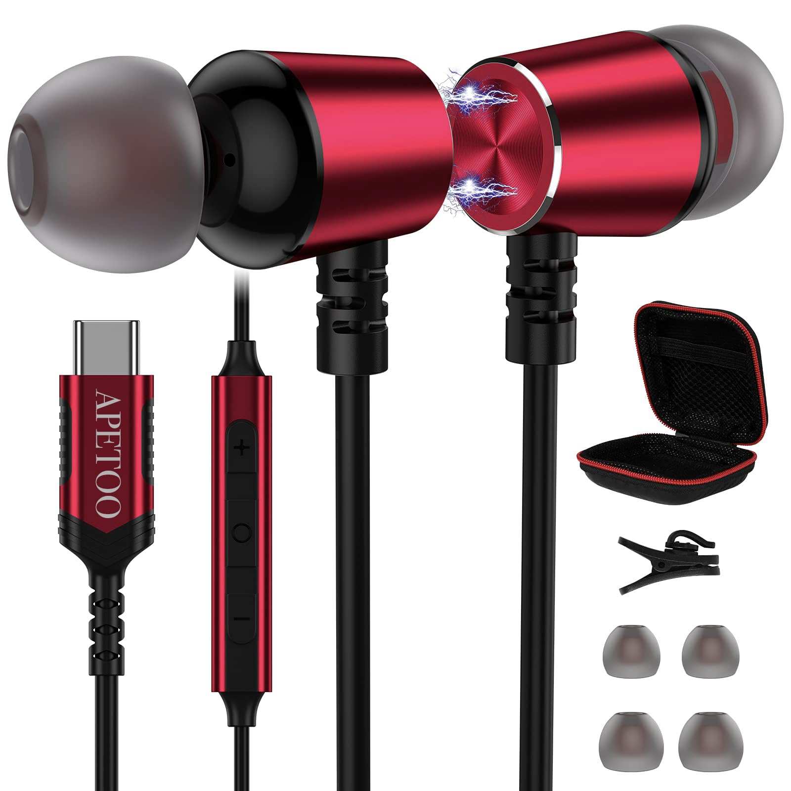 APETOO USB C Headphones for iPhone 17 16 15 Pro Max Galaxy S25 S24 S23 S22 Ultra Flip Fold A16 A54, Noise Canceling In-Ear Type C Earphones Magnetic Wired Earbuds with Mic HiFi Stereo for Android, Red