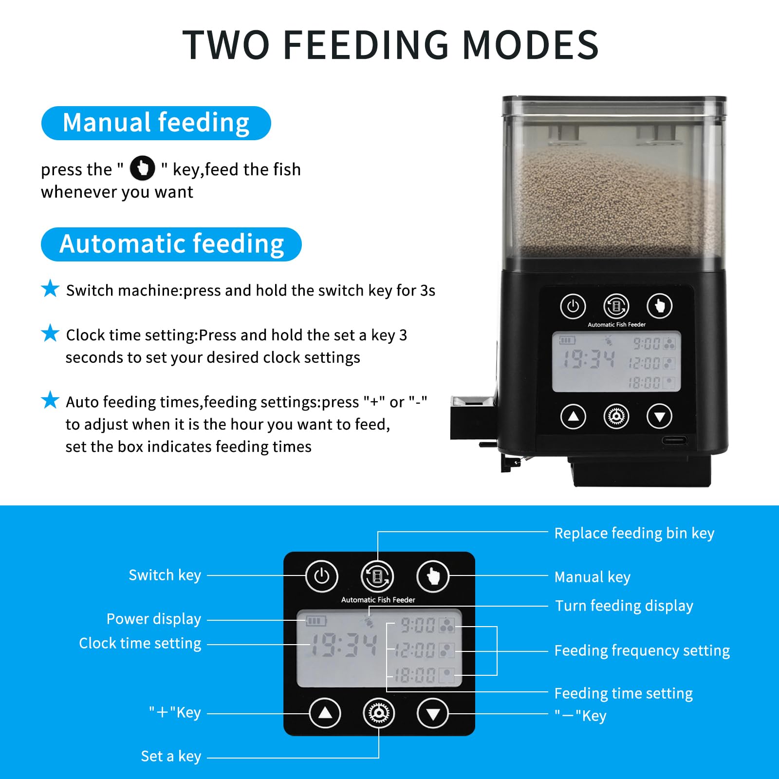 Automatic Fish Feeder for Aquarium with Timer, LCD Display 320ML Large Capacity Adjustable Fish Dispenser, Operated Feeders for Goldfish, Turtle for Vacation, Weekend or Daily Use(Black) - image 4