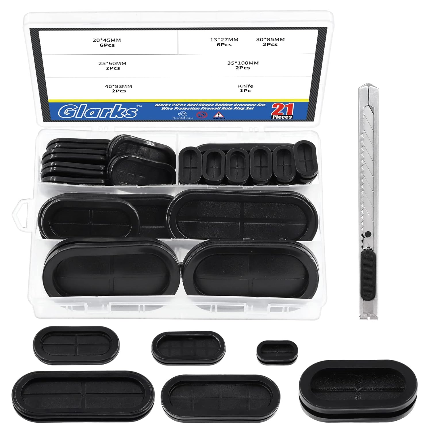 Glarks 21Pcs Oval Closed Rubber Grommet Assortment, 6 Size Double Sided