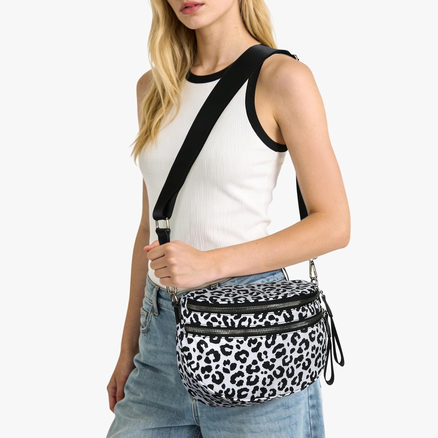 Leopard Purse,Leopard Print Bum Bags for Women Crossbody Spacious Waist Bag Fanny Packs Crossbody Bag 2025(Black+White) - Image 7
