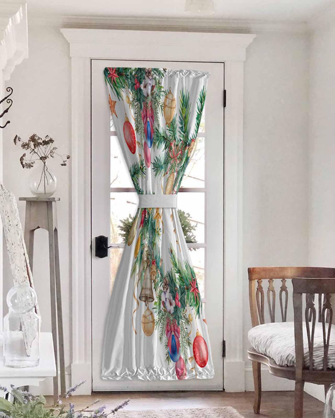Christmas Black Out French Door Curtains For Door Window, Green Pine Needles Xmas Ball Star Bell White Rod Pocket Door Drapery Curtain Panel With Tiebacks For Sidelight Front Back Patio Doors, 25