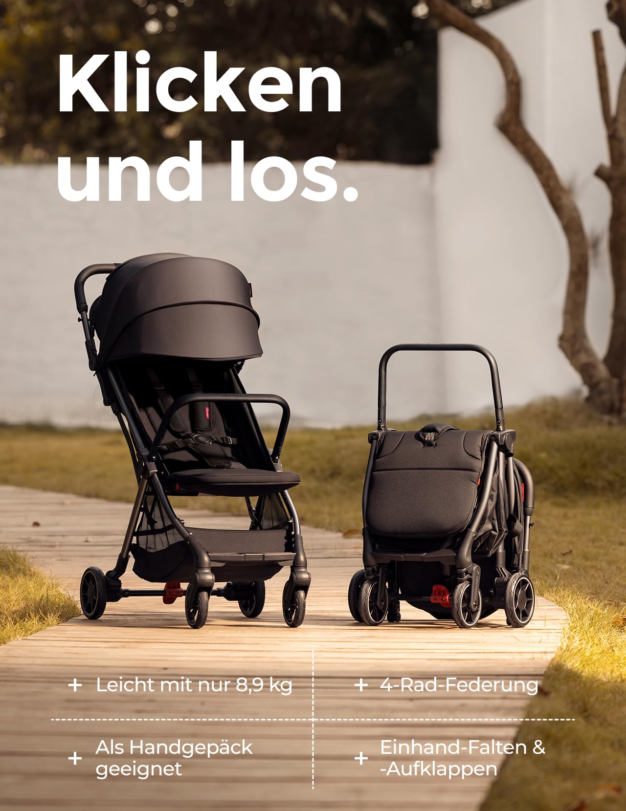 Momcozy ClickGo Buggy klein zusammenklappbar als Flugzeug-Handgepäck, Einhand-Klappmechanismus, mit Liegefunktion, UV-Schutz 50+, XL-Korb bis 3 kg, Geeignet von 0–4 Jahren bis 22 kg, Schwarz