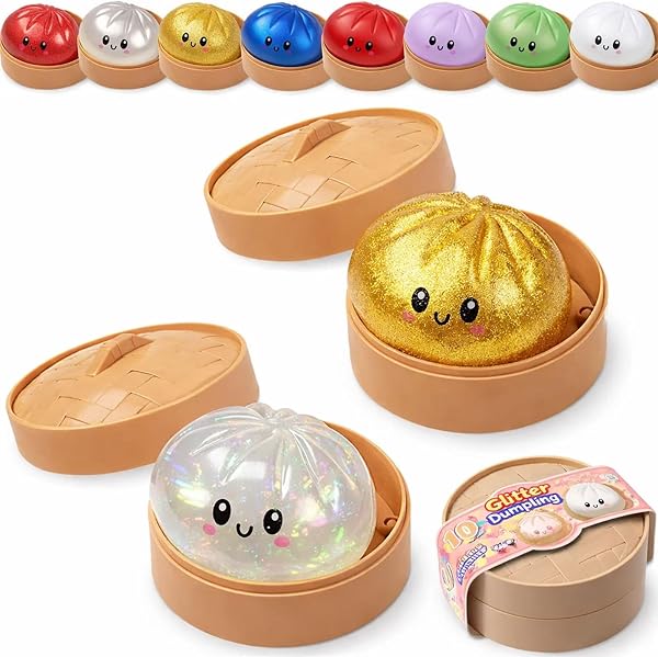 Dumpling Squishy, Squishy Dumpling Toy, Glitter Dumplings Squishiest Toy with Steamer Box, Stress & Anxiety Relief Toys for Kids & Adults Non-Edible (2Pcs-C) - 1