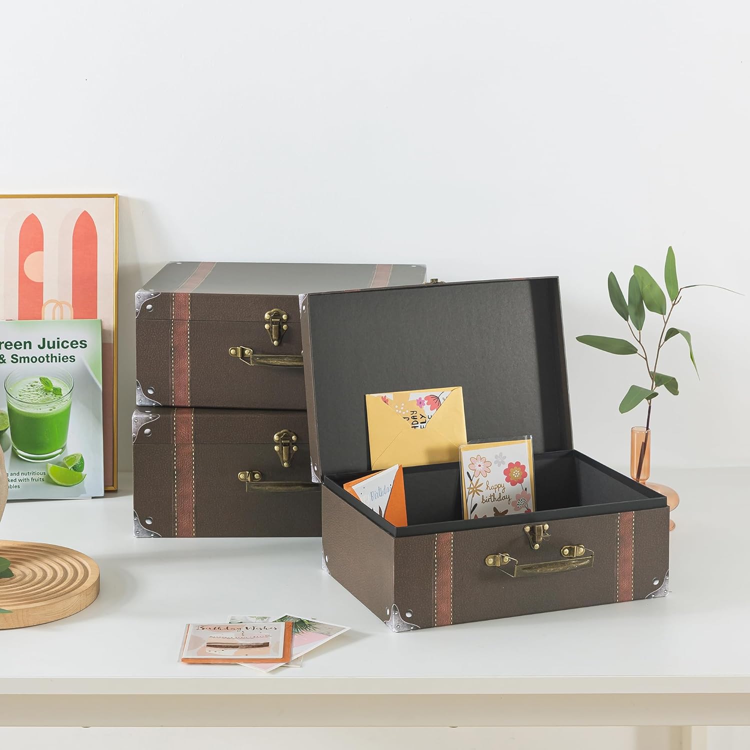 Soul & Lane Cardboard Suitcase Boxes with Handle (Set of 3, Brown Suitcase) | Travel-Themed Paperboard Boxes with Lids for Decoration, Photo Props, Centerpieces