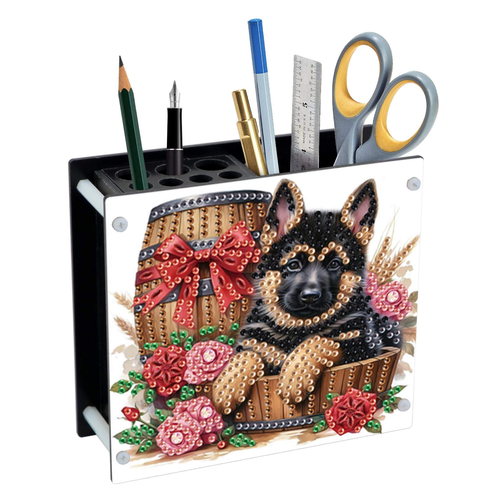 DIY 5D Acrylic Diamond Painting Pen Holder – German Shepherd Pencil Organizer for Adults, Decorative Office Supplies Storage for Home, School, Gift