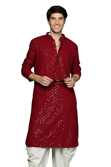 Sequin Embroidered Cotton Blend Regular Fit Premium Men's Kurta