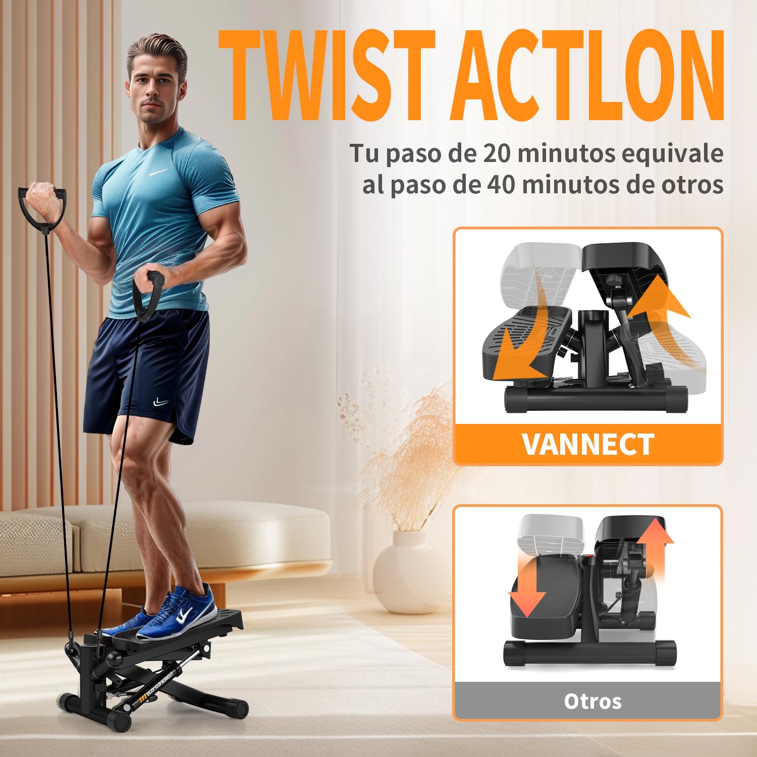 VANNECT Stepper Fitness 2 en 1 con Power Ropes, Mini Stepper Casa 150kg con Multifunción Monitor LCD, Escalón de Balanceo hacia Abajo para Entrenamiento de Pierna/Brazo/Glúteos, Oficina en casa