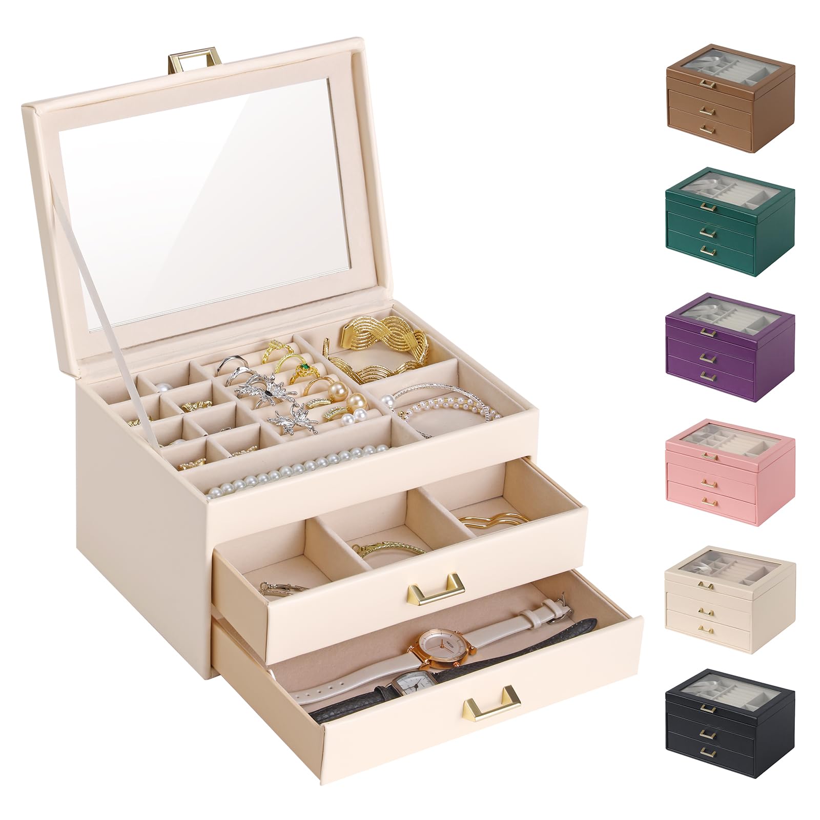 BALEINE Jewelry Box with Glass Lid, PU Jewelry Holder Organizer for Big Small Jewelry, Jewelry Storage Case (White)