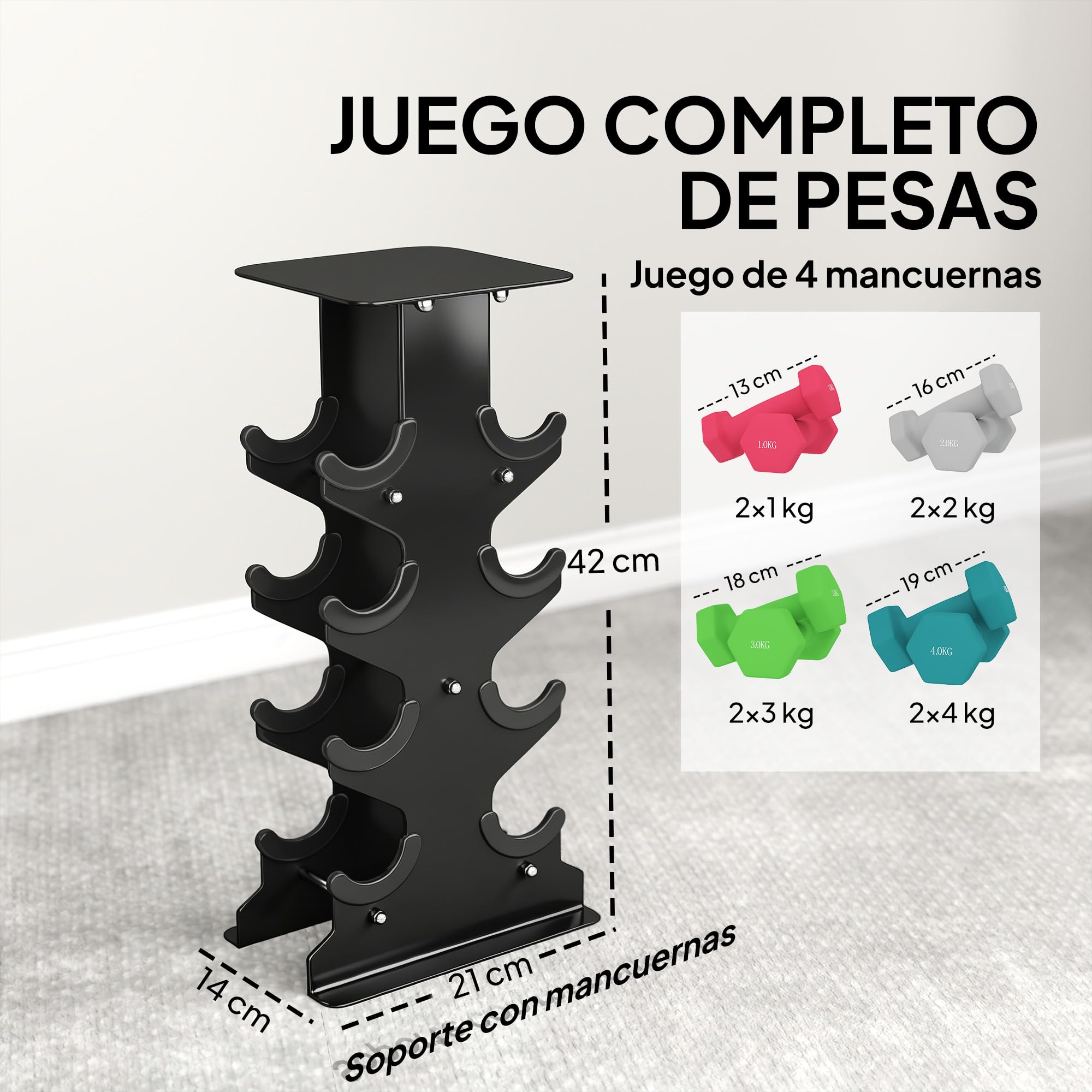 SPORTNOW Juego de Mancuernas de 8 Piezas 20 kg Hexagonales Multicolor | 2x1kg, 2x2kg, 2x3kg, 2x4kg, con Soporte de Almacenamiento, Mango Recto, para Entrenamiento de Fuerza en Casa Gimnasio