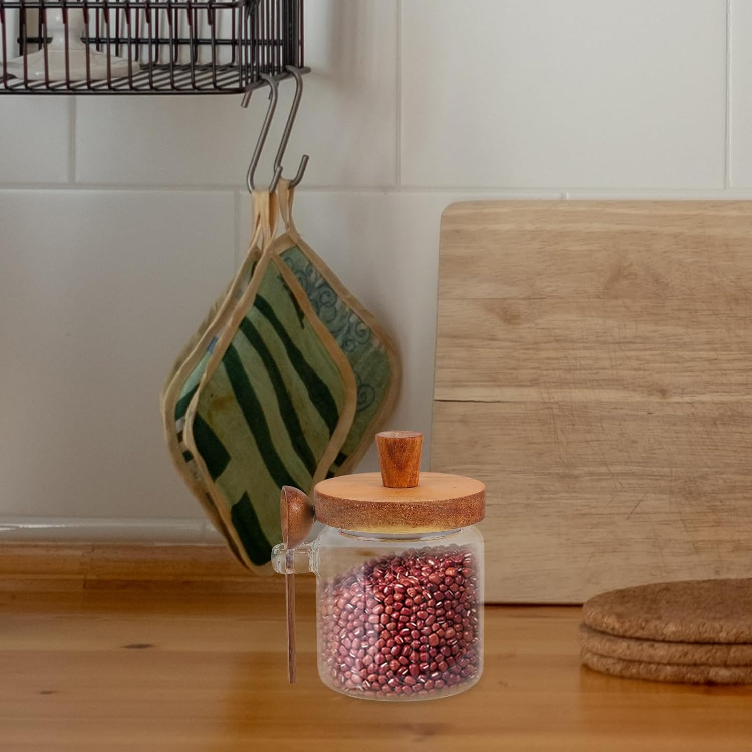 KICHOUSE Retro Glass Honey Storage Jar with Wooden Lid and Honey Dipper Airtight 90mm X 95mm for Kitchen Storage and Serving 1pcs Set
