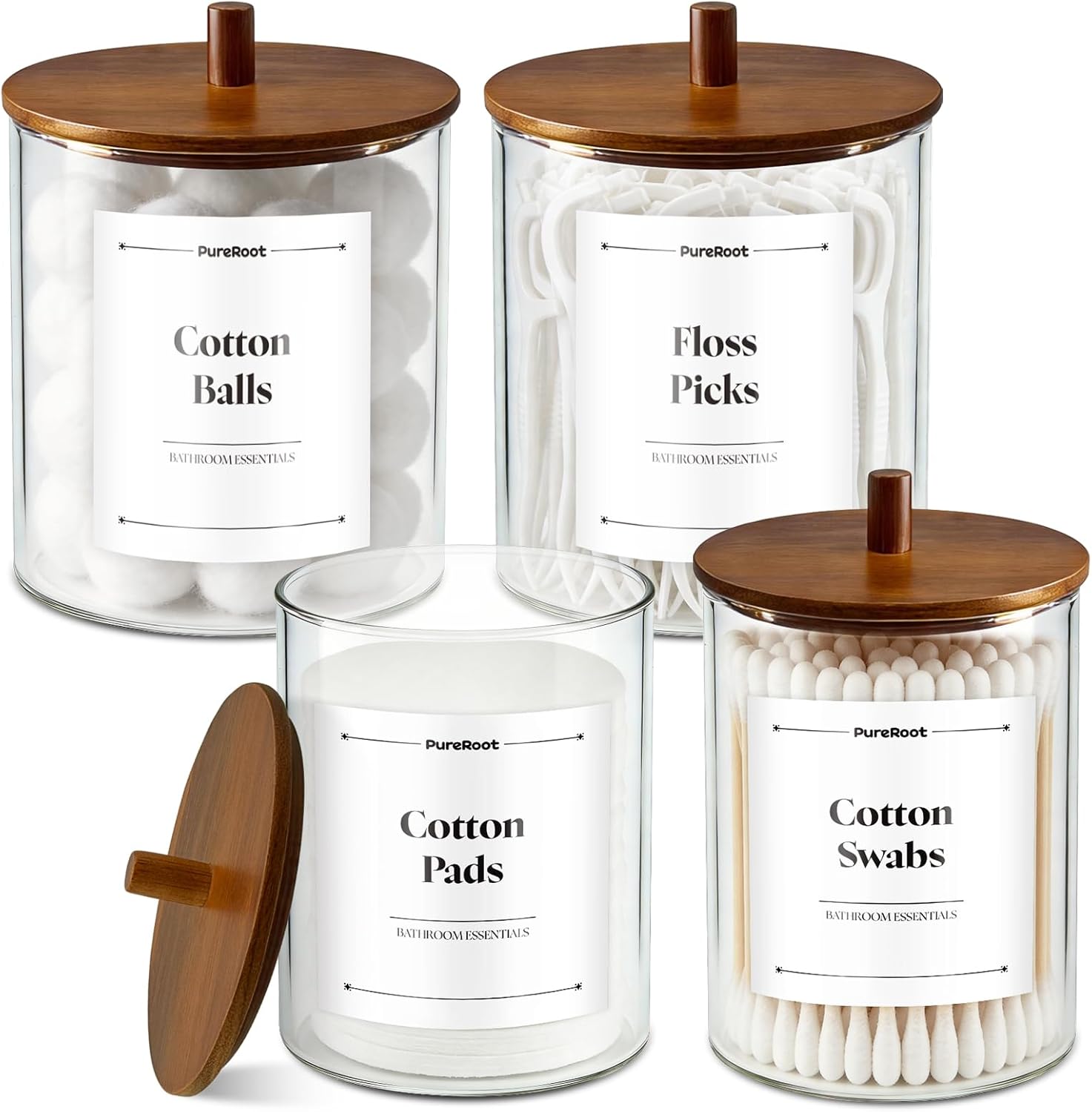 Glass Qtip Holder Dispenser Set - 15oz & 10oz Cotton Swab Holder with Acacia Wooden Lids, Bathroom Canisters Apothecary Jar Vanity Storage Organizer for Cotton Balls, Floss Picks (6 Pack)