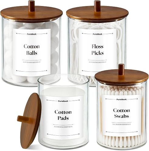 15oz & 10oz Glass Qtip Holder with Acacia Wood Lids, 4 Pack Apothecary Jars | Small Glass Dispenser Jars with Labels, for Cotton Swabs, Cotton Balls, Pads, Floss Picks, Toothpicks, Vanity Organization