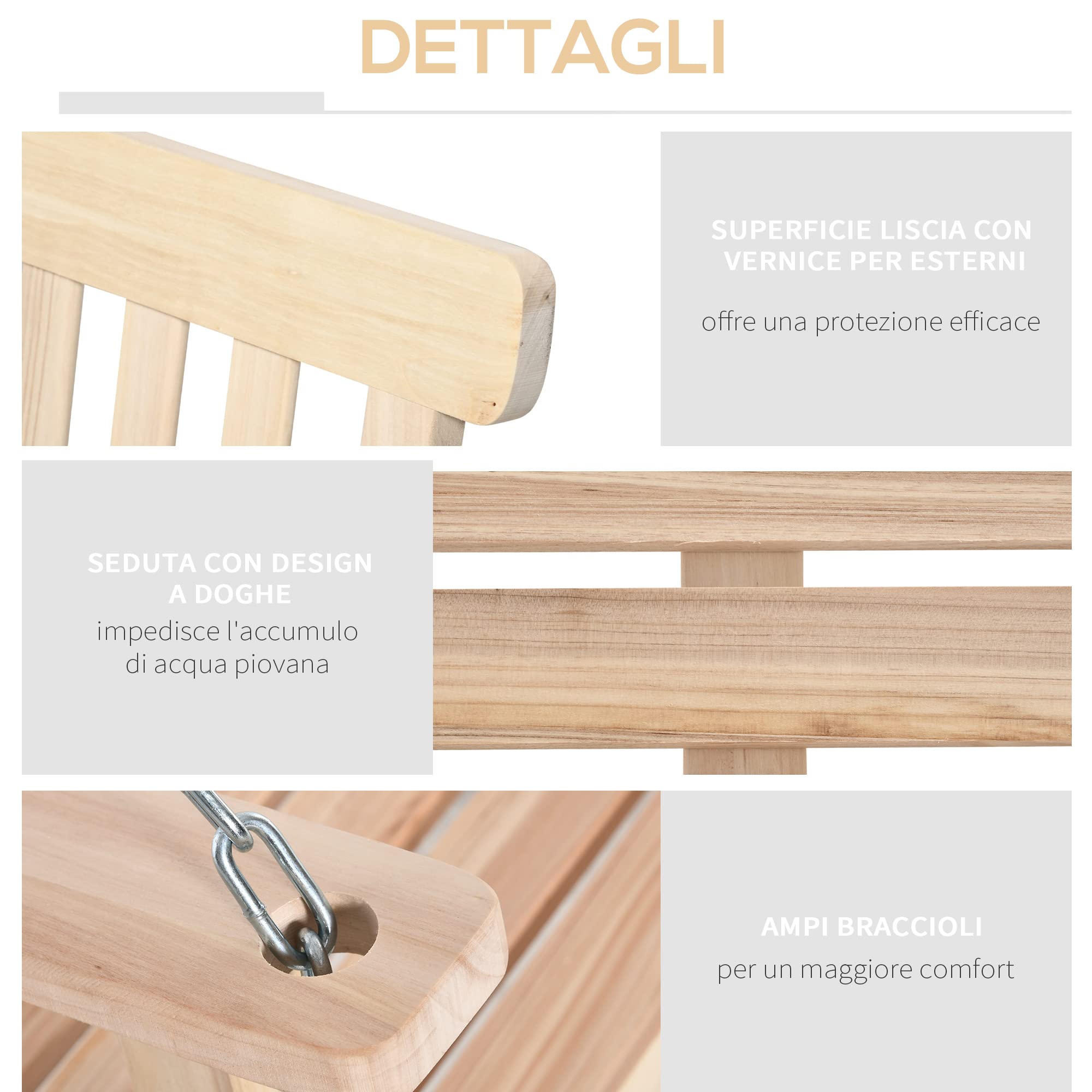Outsunny Dondolo per Esterno Sospeso per 2 Persone in Legno e Catene in Metallo, Colore Naturale 119x65x61cm