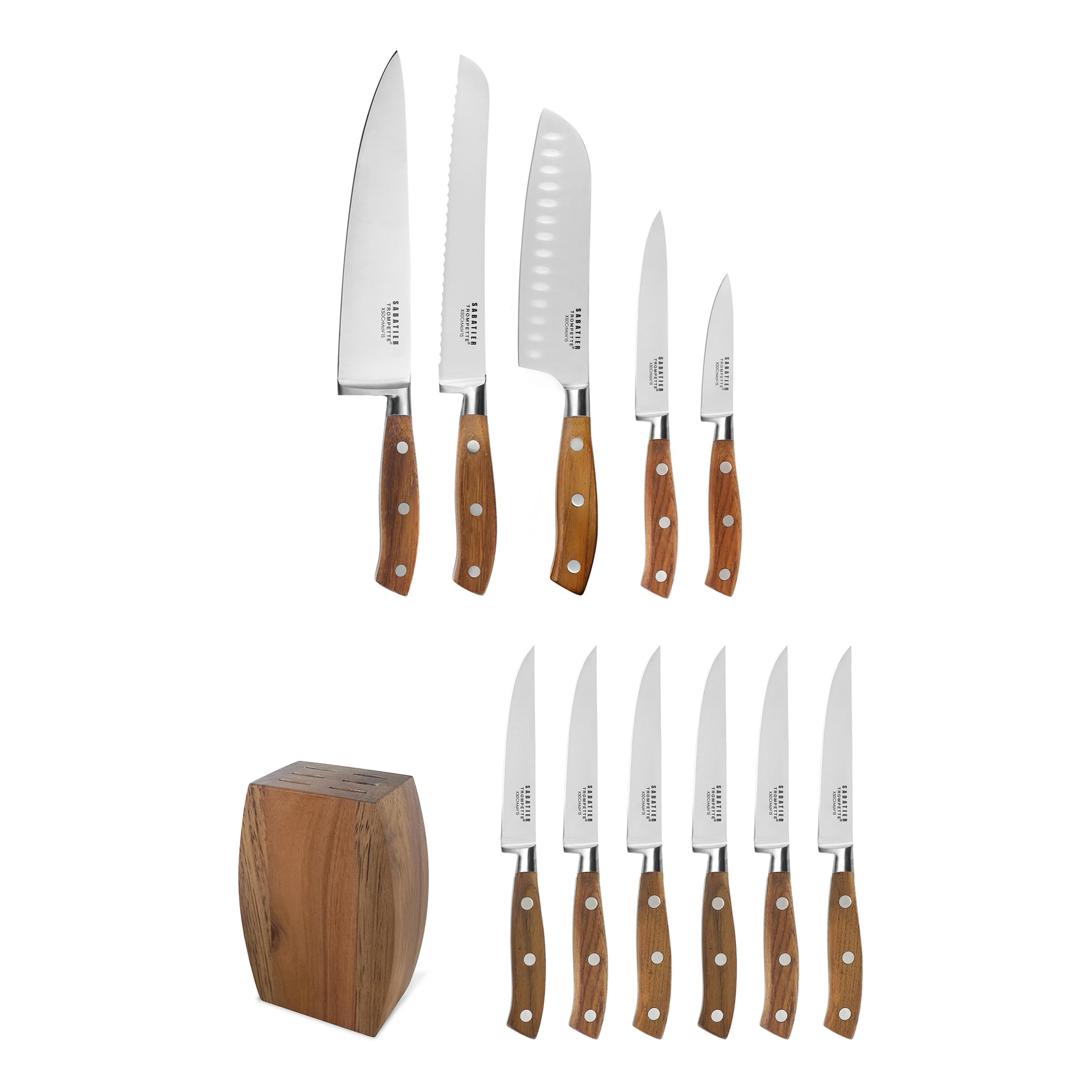 SABATIER TROMPETTE - Set 5 couteaux de cuisine : Office, Utile, Santoku, Chef, Pain et bloc avec 6 couteaux steak assortis - Ryokan - Acier 5CR15MOV finition satinée manche Bois de frêne - Bois