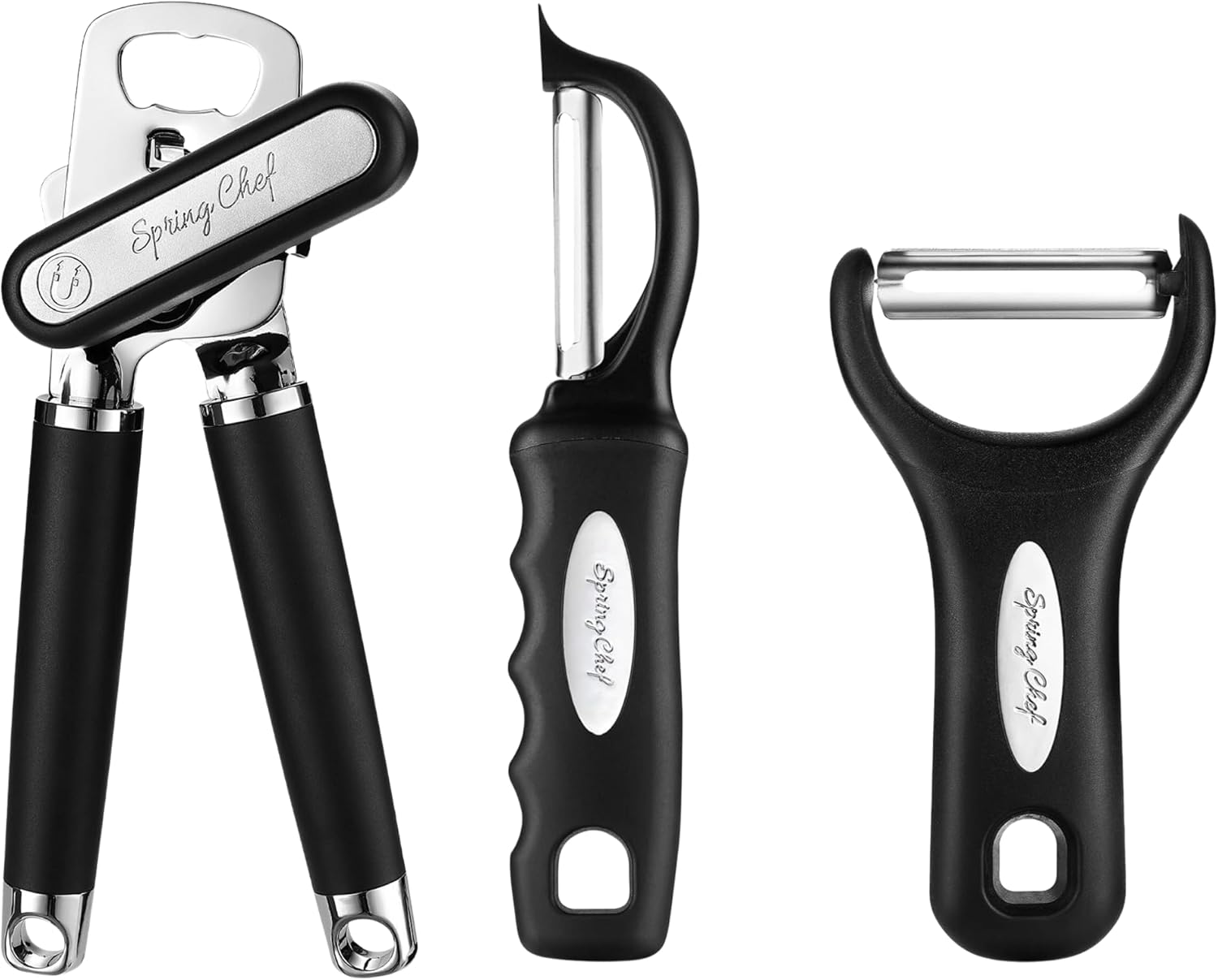 Spring Chef Stainless Steel Can Opener with Soft Grip Handles & Premium Swivel Vegetable Peeler & Y Potato Peeler - 2 Product Bundle - Black