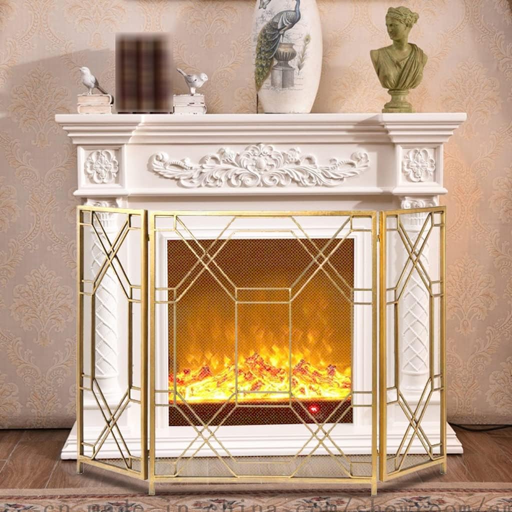 Metal Fire Screen Nordic Style Fireplace Screen Freestanding Simple Wrought Iron Fireplace Screen 3 Fold Screen Partition Fireplace Decoration Fireplace Mesh Screen Curtain (Color : Gold)